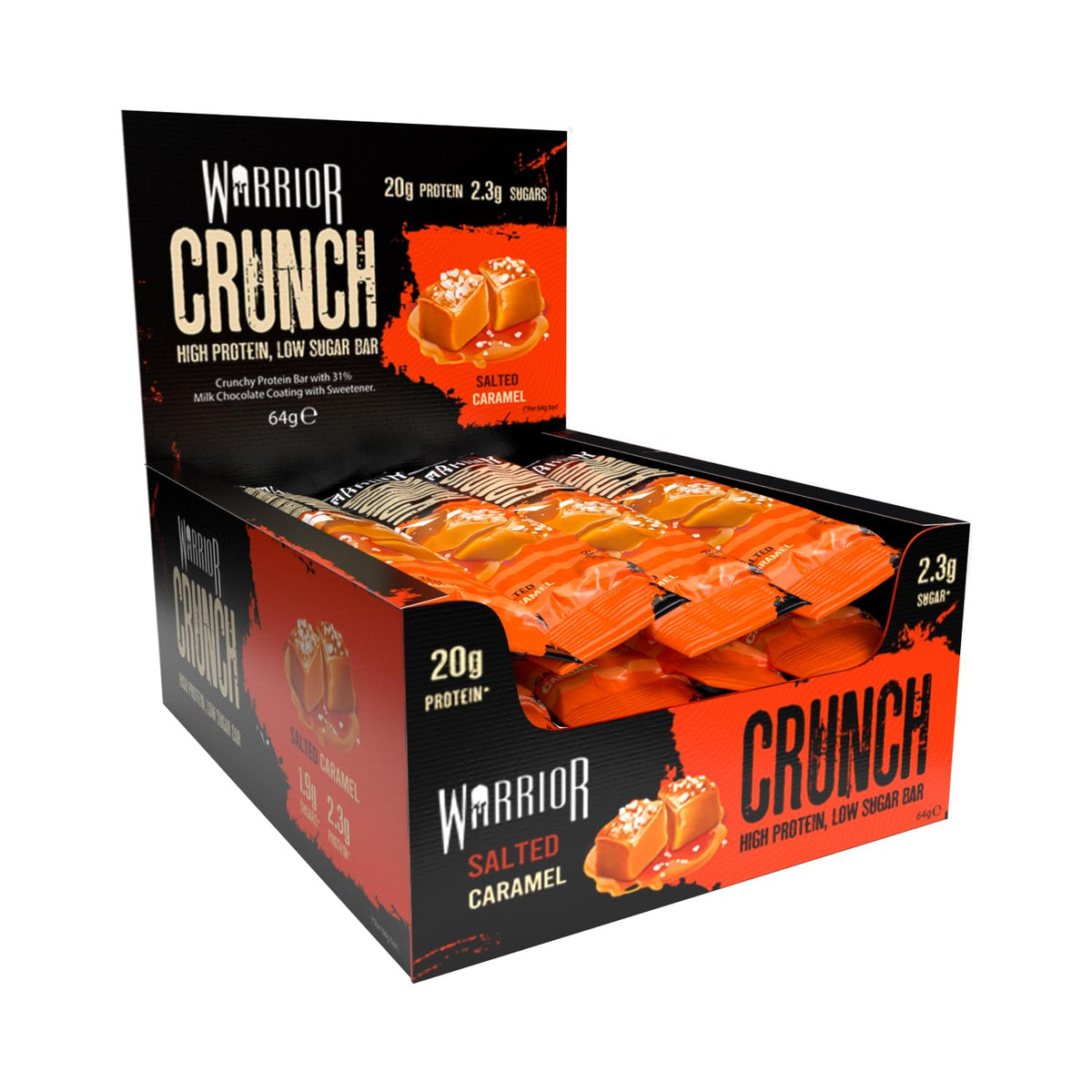 Warrior Crunch Salted Caramel high-protein, low-carb bar 64 g – pack of 12, wrapped