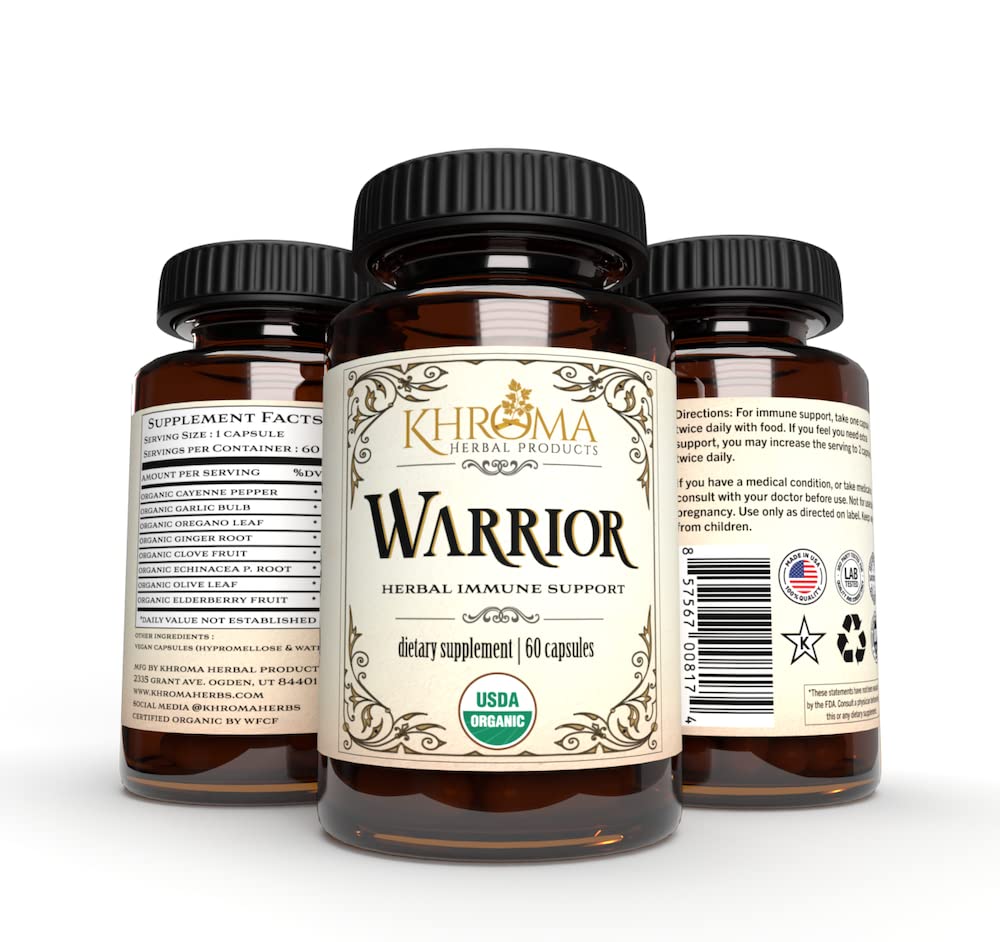 Warrior product packaging and herbal blend, organic immune support