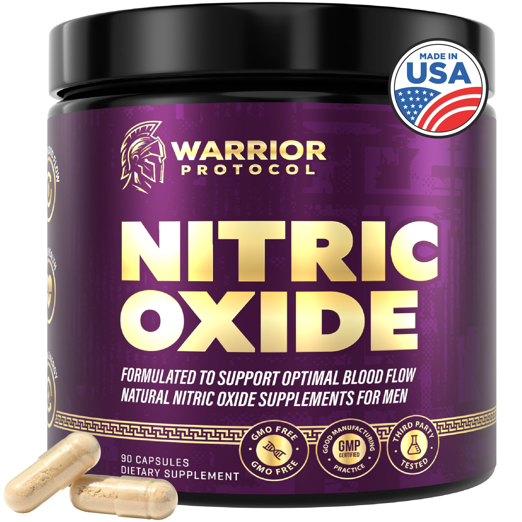 Warrior Protocol nitric oxide bottle with capsules for enhanced blood flow and endurance.
