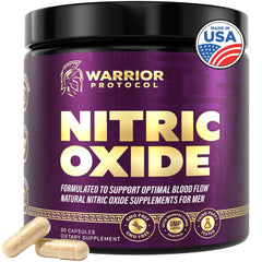 Warrior Protocol nitric oxide bottle with capsules for enhanced blood flow and endurance.