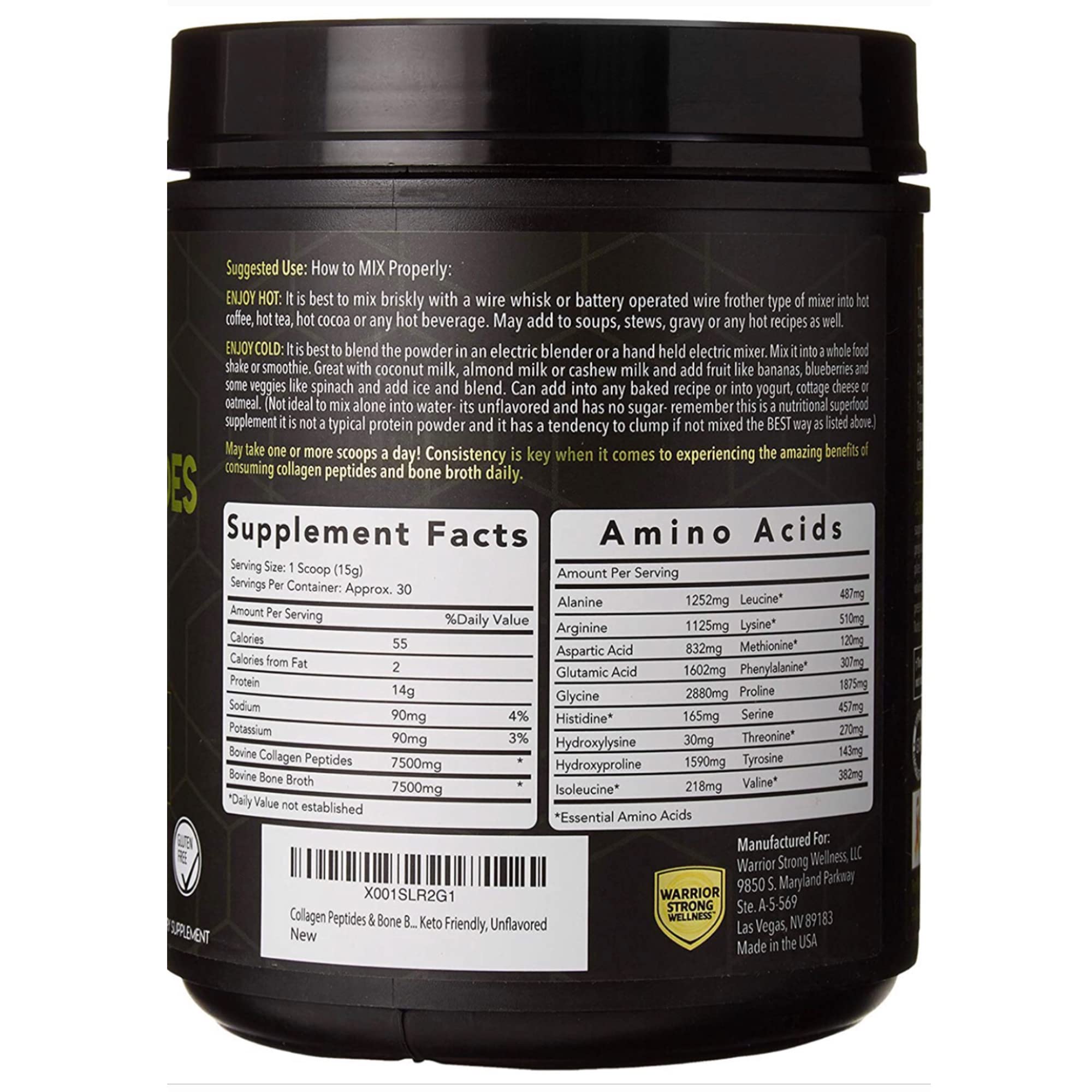 Close-up of Warrior Strong Wellness Collagen Peptides & Bone Broth Powder jar - unflavored