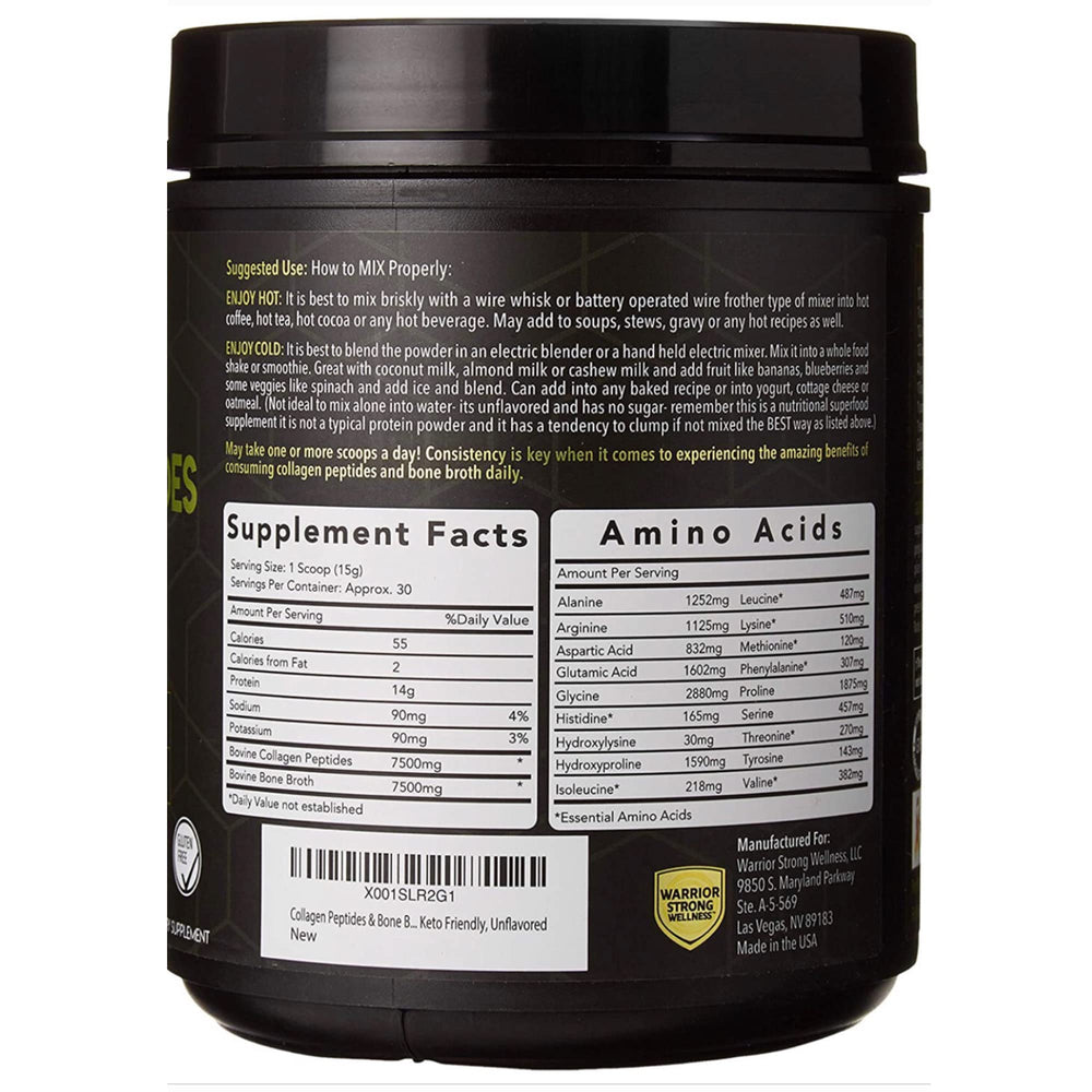 Close-up of Warrior Strong Wellness Collagen Peptides & Bone Broth Powder jar - unflavored