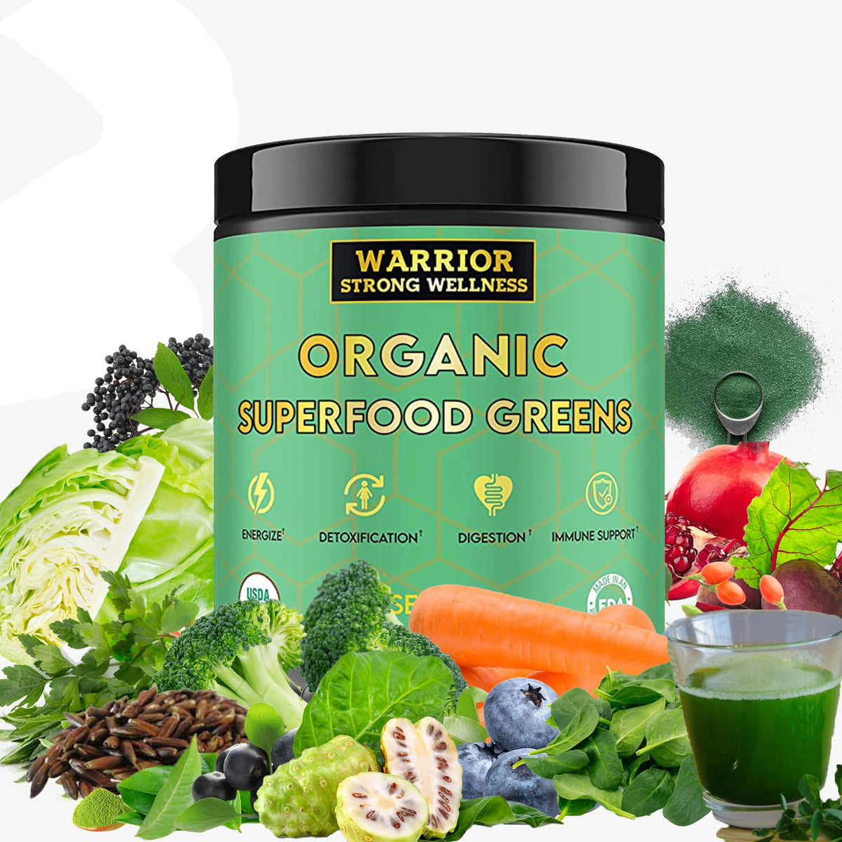 Front view of Warrior Strong Wellness Organic Greens Powder container