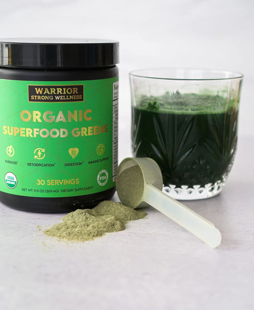 Greens powder scoop with Warrior Strong Wellness organic greens