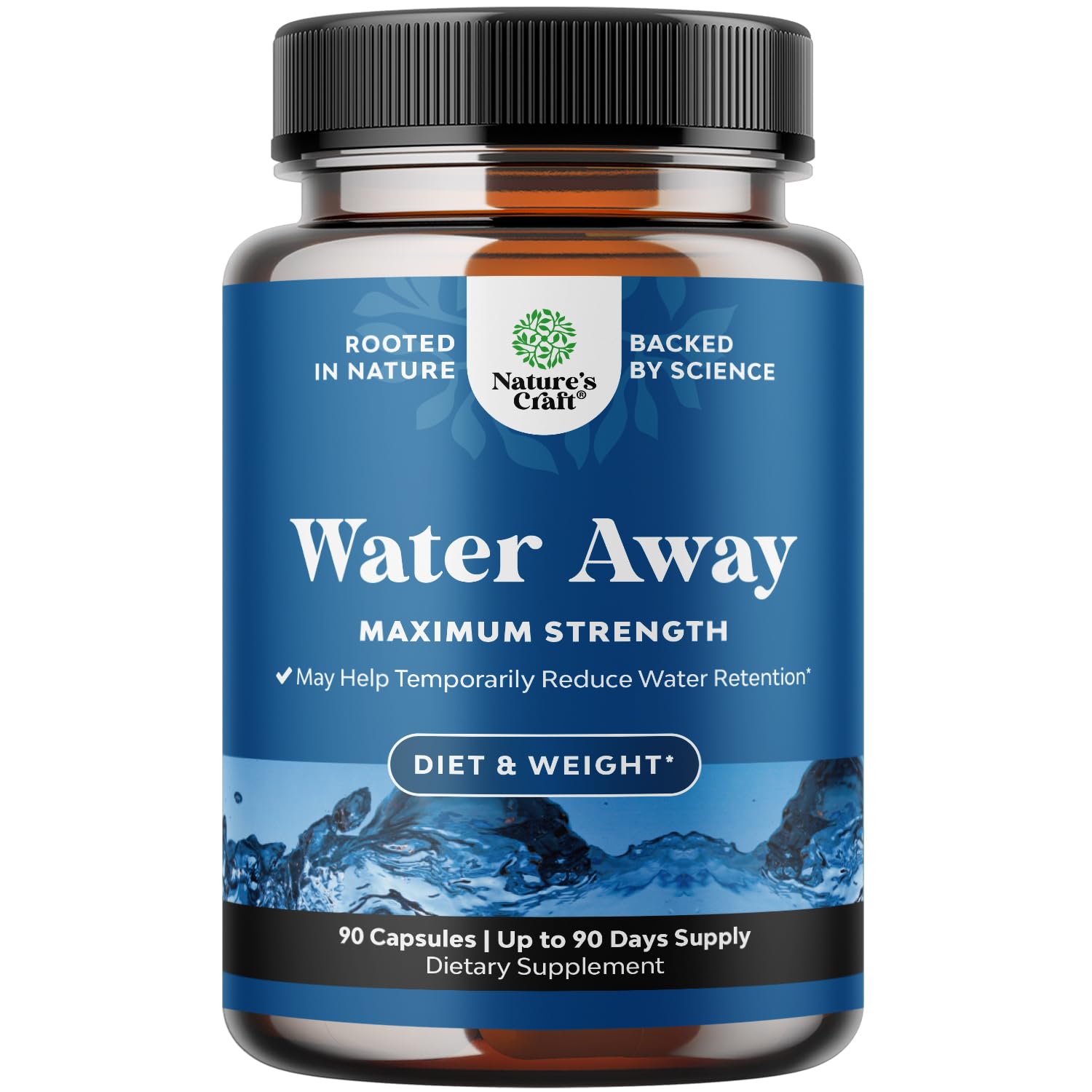 Front view of Water Away herbal diuretic pills bottle, 90-count