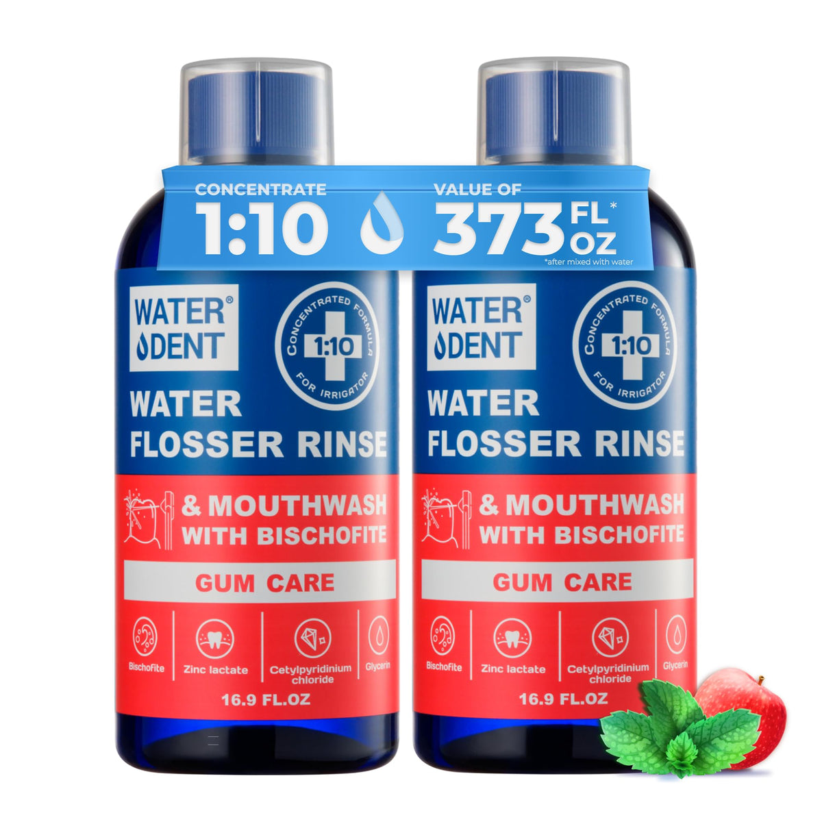WATER DENT Concentrated Rinse Apple Mint bottle front view (16.9 fl oz)