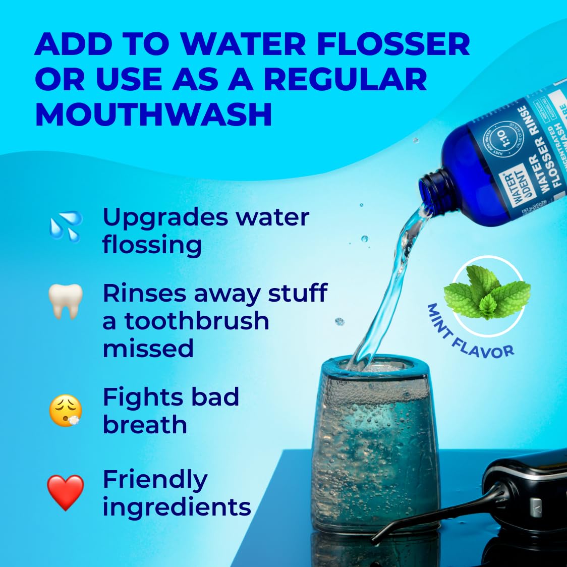 Water DENT rinse bottle and 1:10 dilution illustration