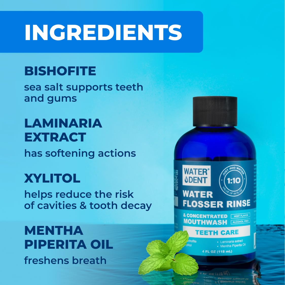 Travel-size WATER DENT bottle beside a toothbrush
