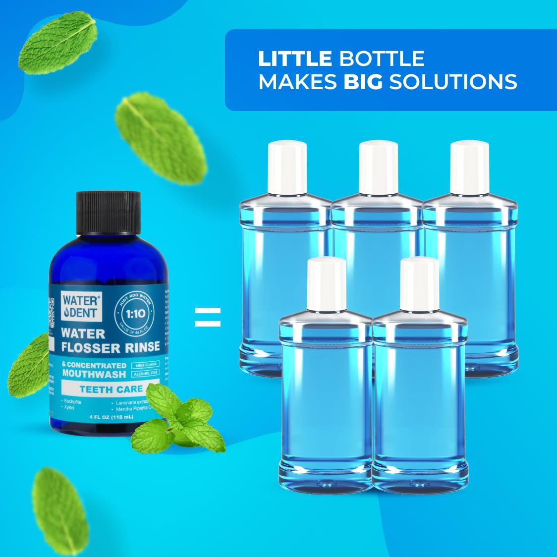 Mint flavor symbol and usage icons on WATER DENT label
