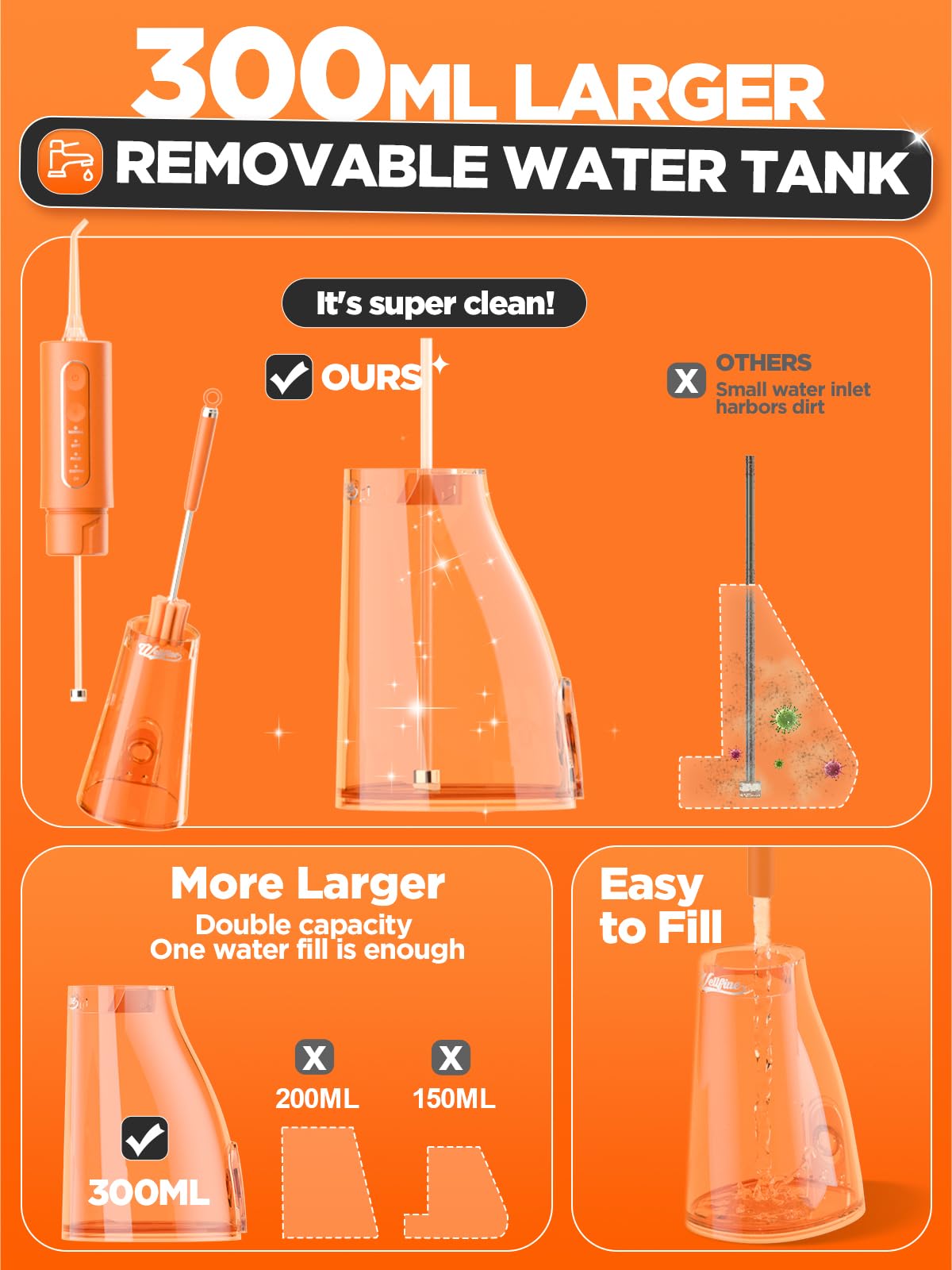 Ergonomic handle and large 300ML water tank for easy use