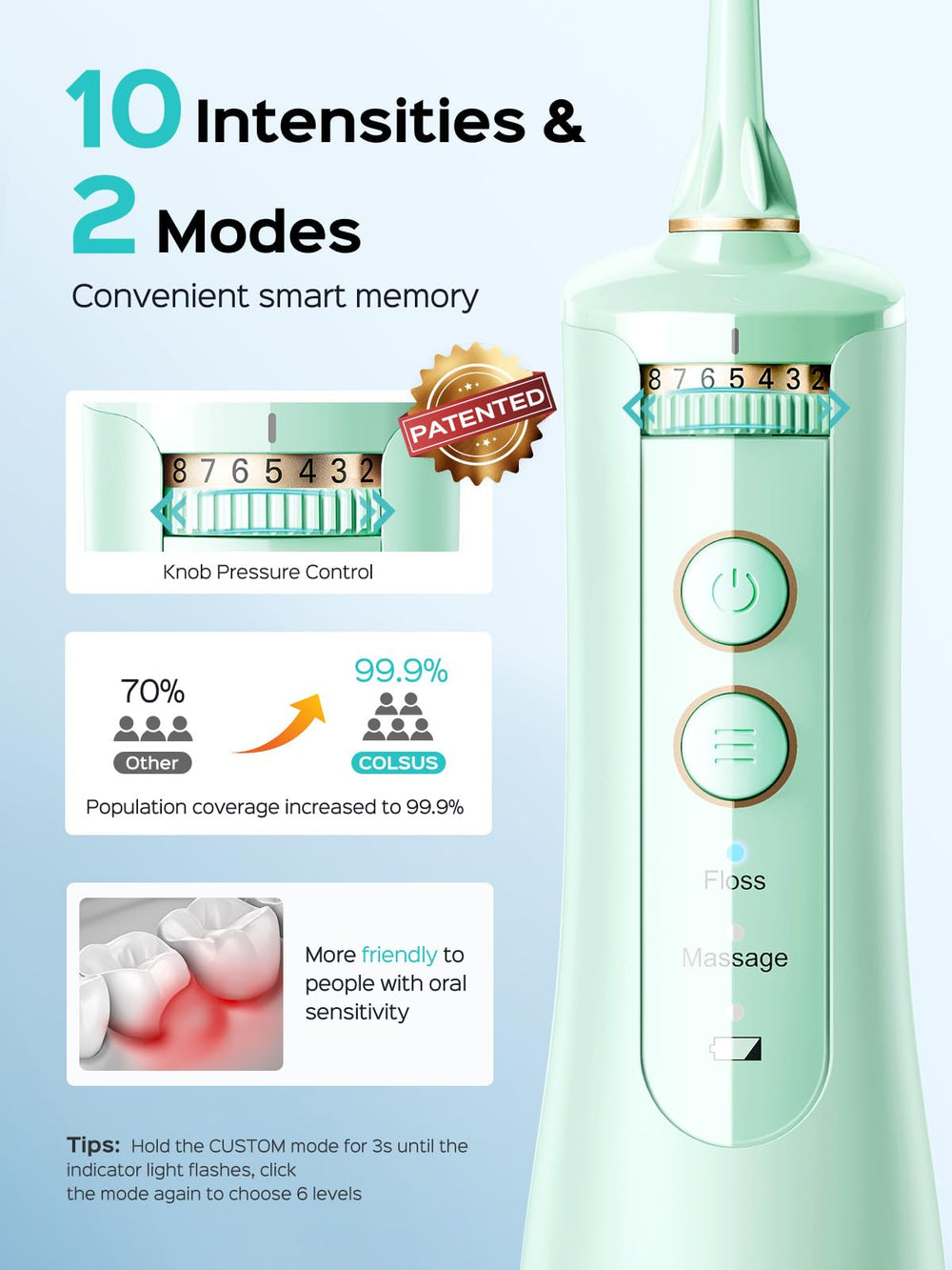 Water dental flosser in use demonstrating 10 levels of pressure