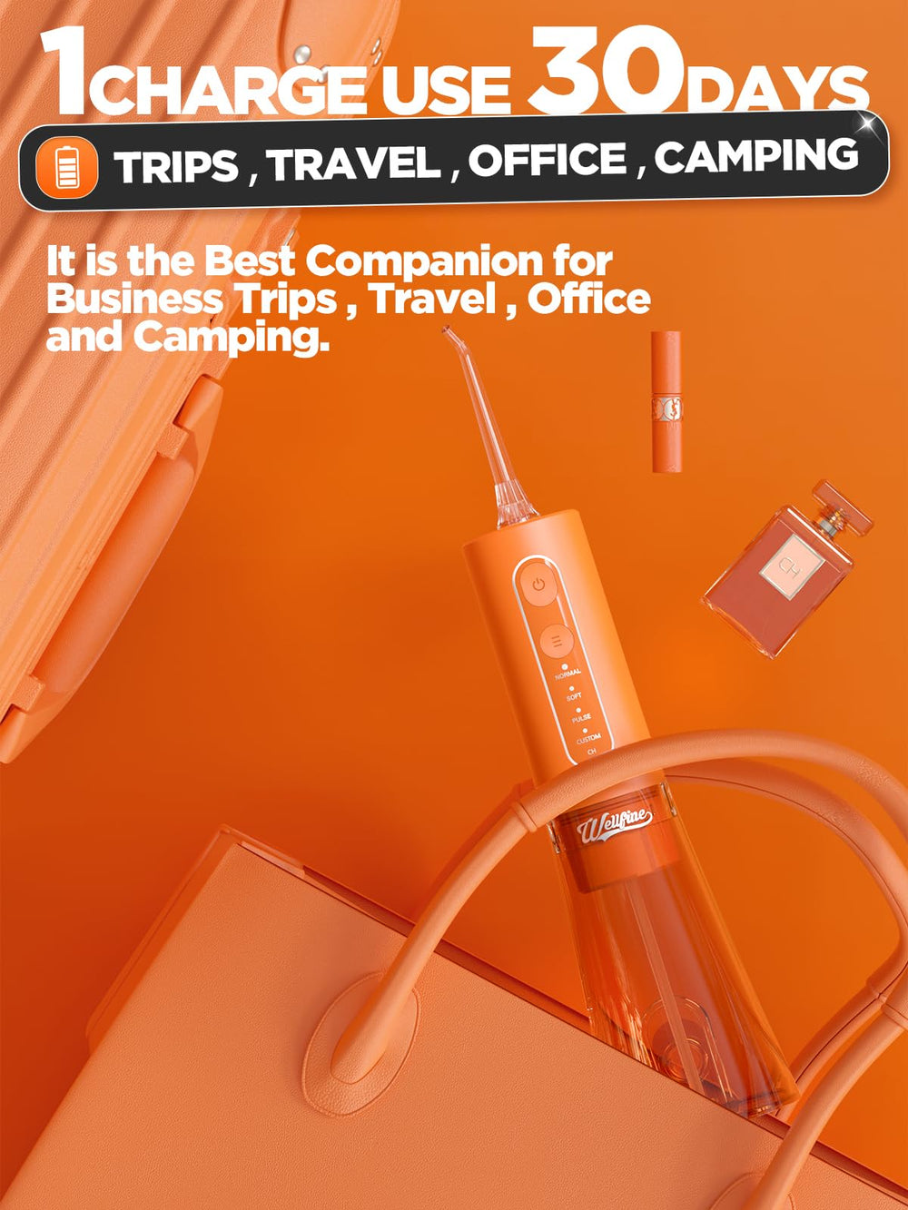 Travel-friendly charger included with waterproof flosser
