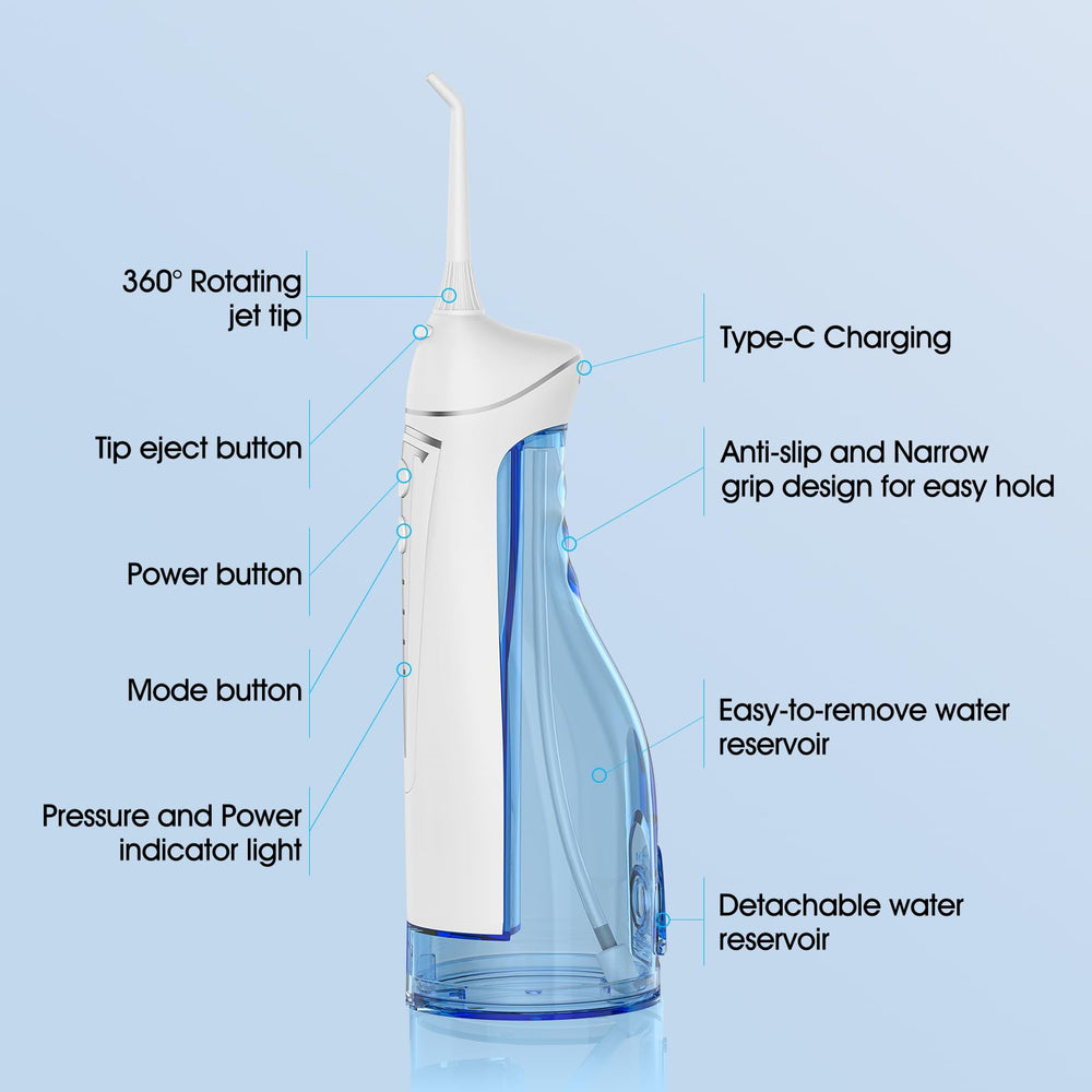 Portable cordless water flosser showing 360° rotating nozzle