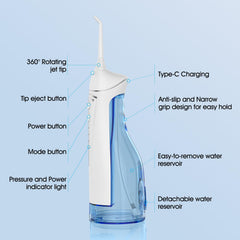 Portable cordless water flosser showing 360° rotating nozzle