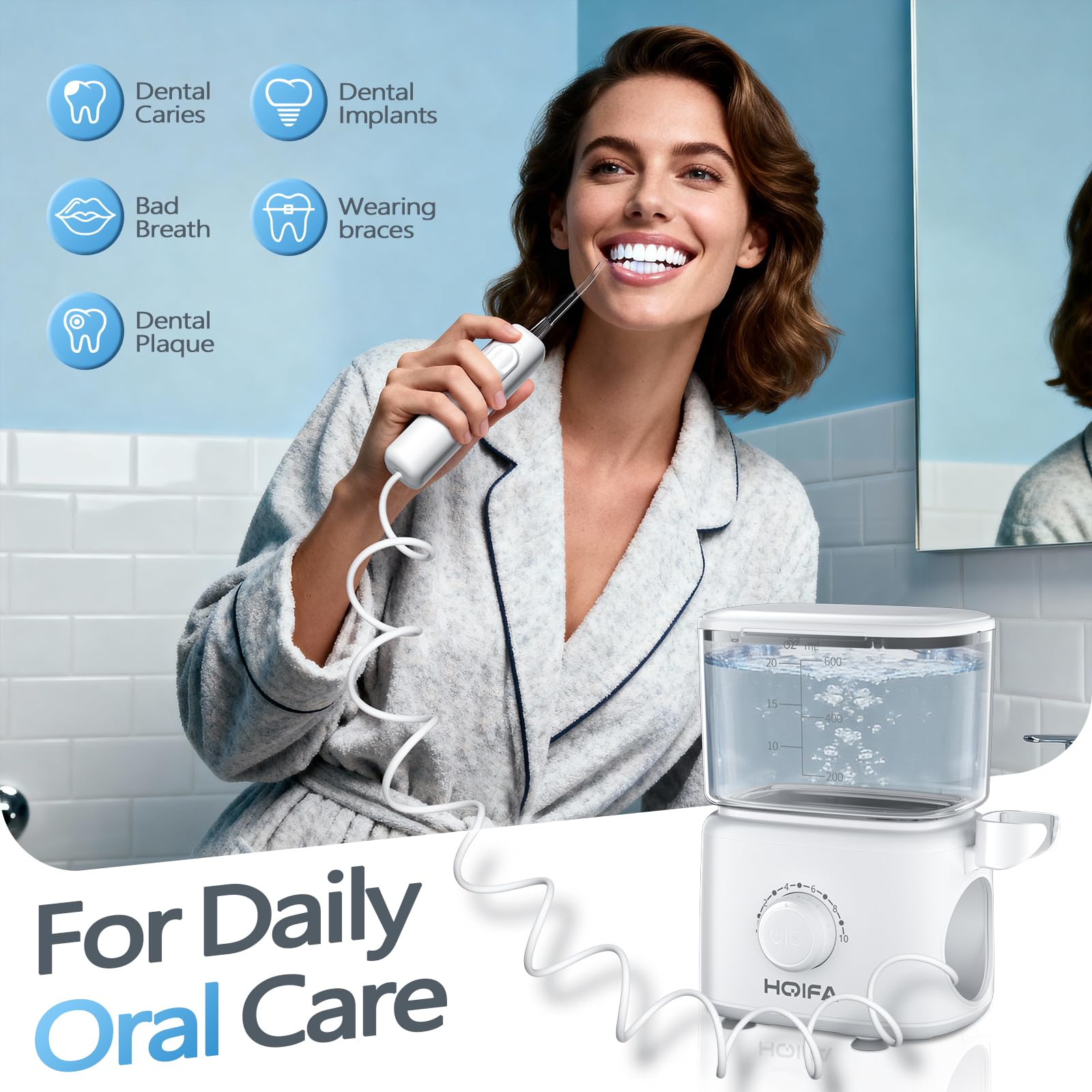 Five interchangeable nozzles for diverse oral care