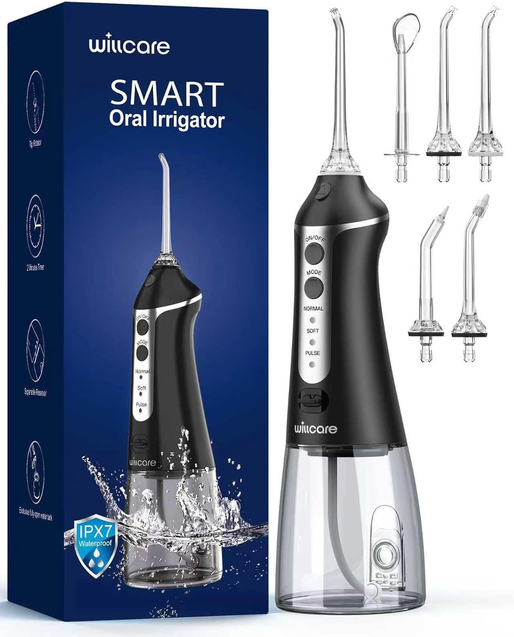 Water Dental Flosser Black front view with detachable 300ML water tank