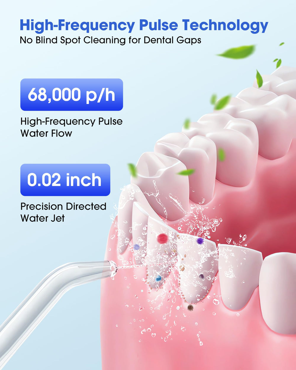 Close-up of dual-stream water pulse technology delivering 1400-1800 pulses per minute