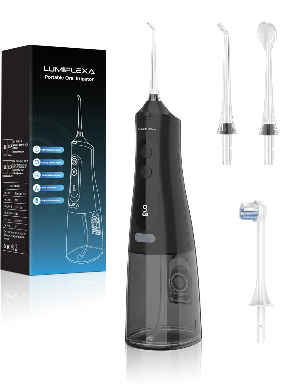 Water Dental Flosser Black with 300ml reservoir (front view)