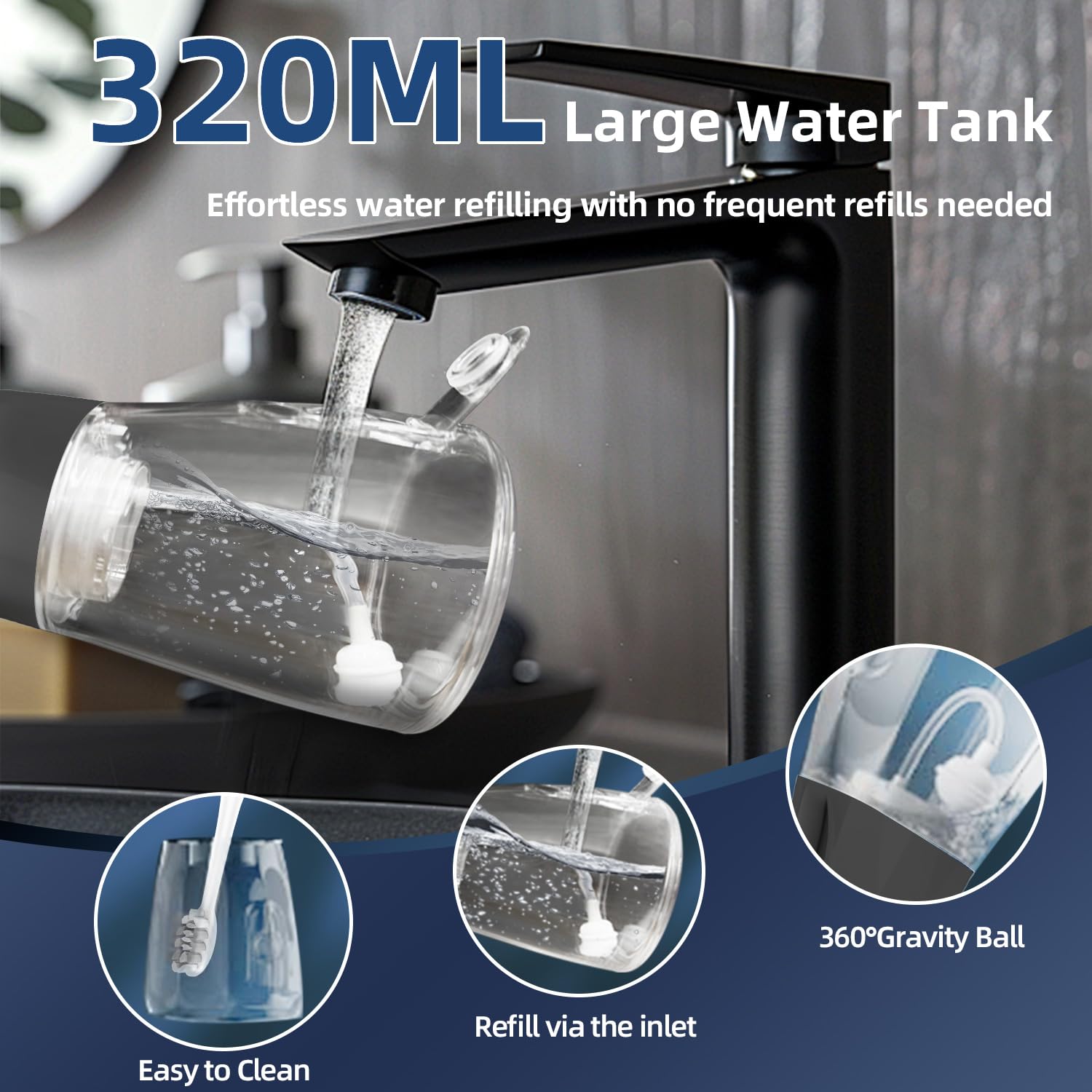Water flosser handheld with 320 ml removable tank
