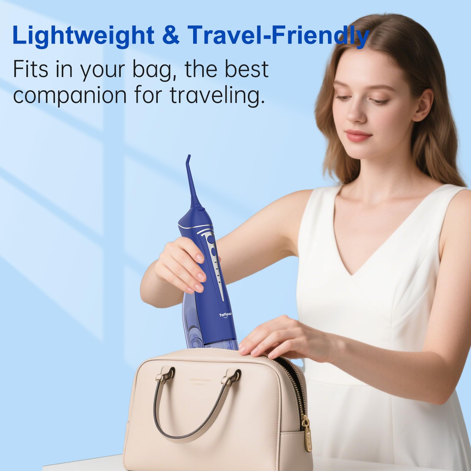 Product packaging of Water Dental Flosser Pick in dark blue