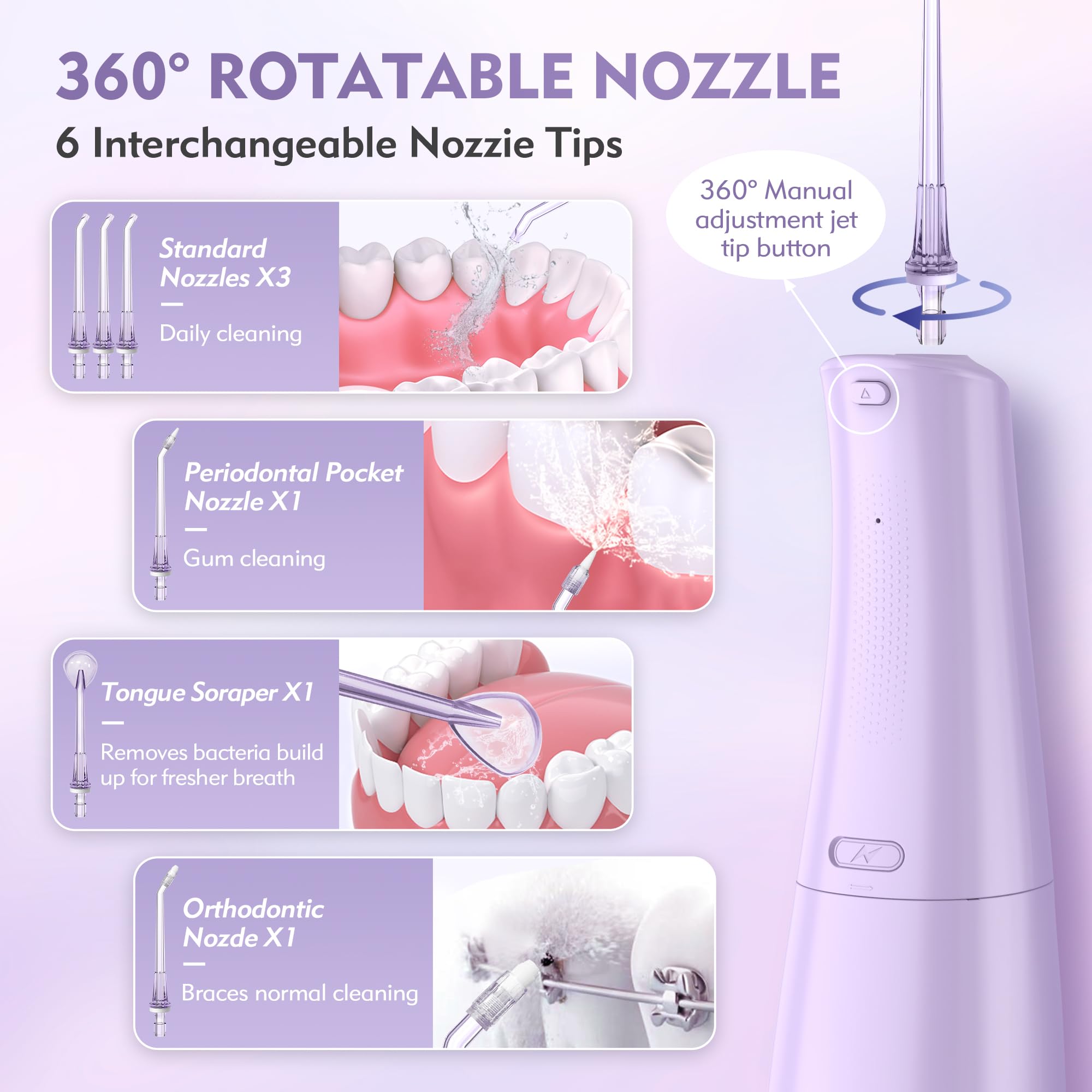 Cordless water flosser with 4 modes displayed