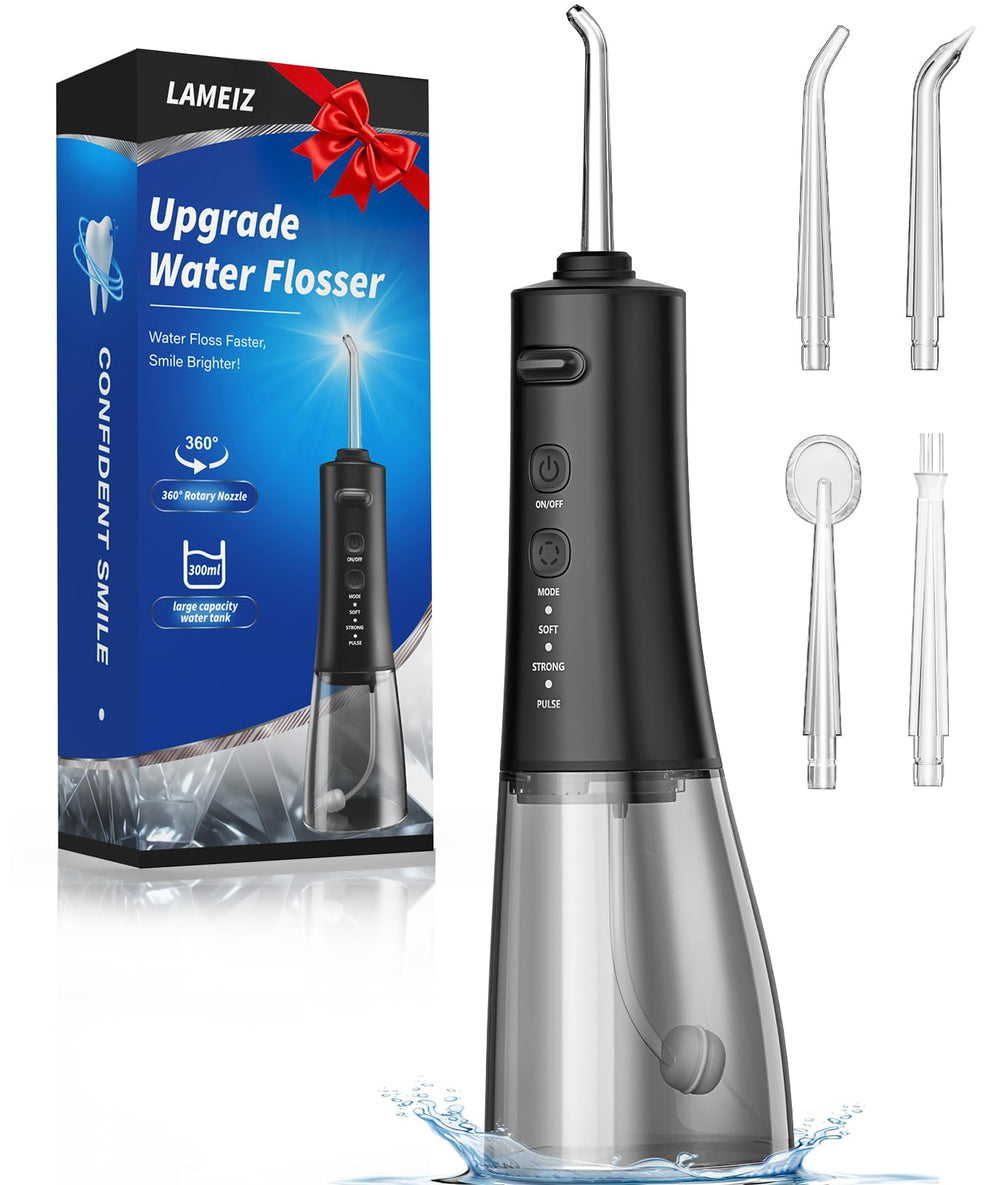 Water Flosser 300ML portable cordless dental irrigator in black – front view