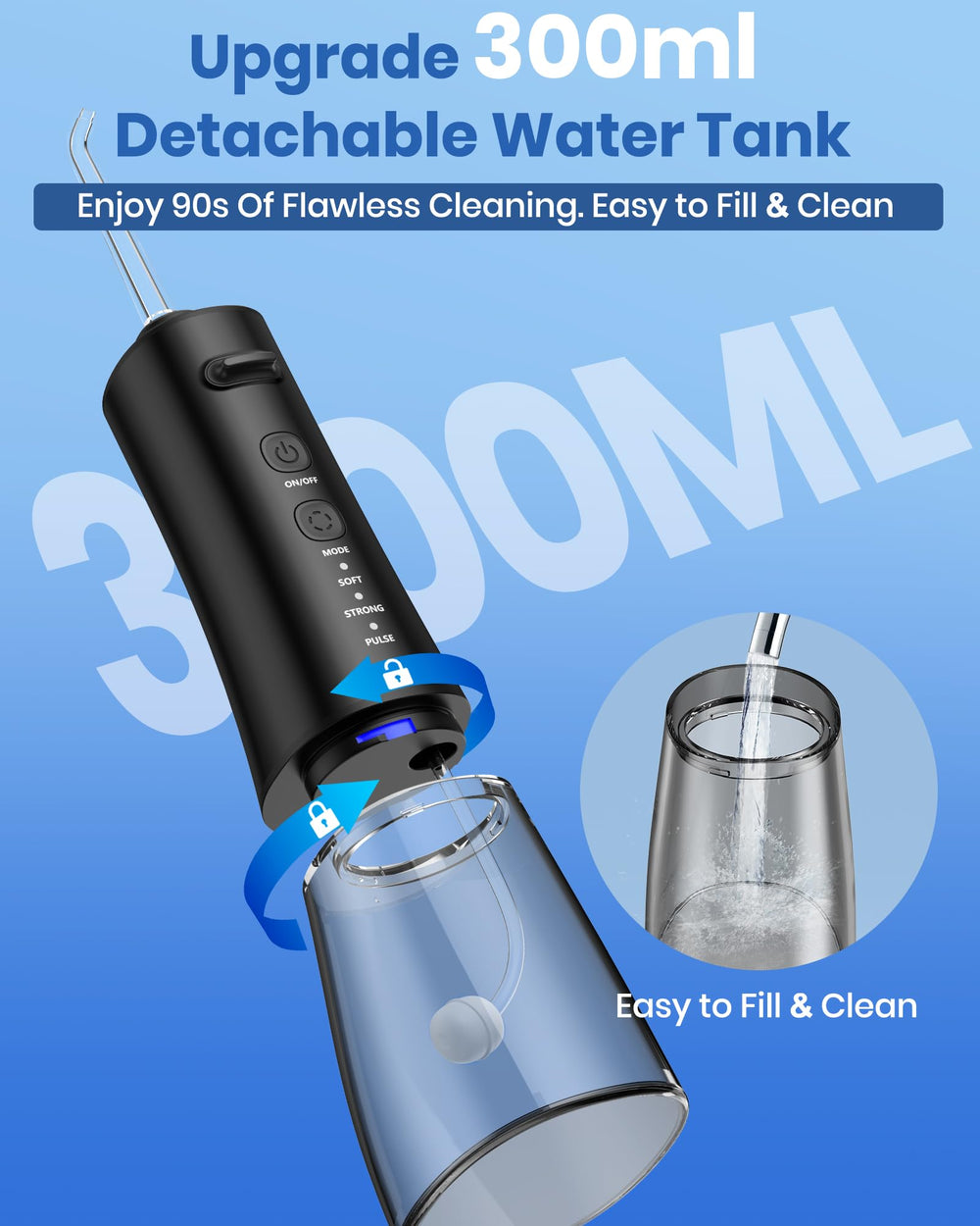 Open water tank for refilling on black water flosser