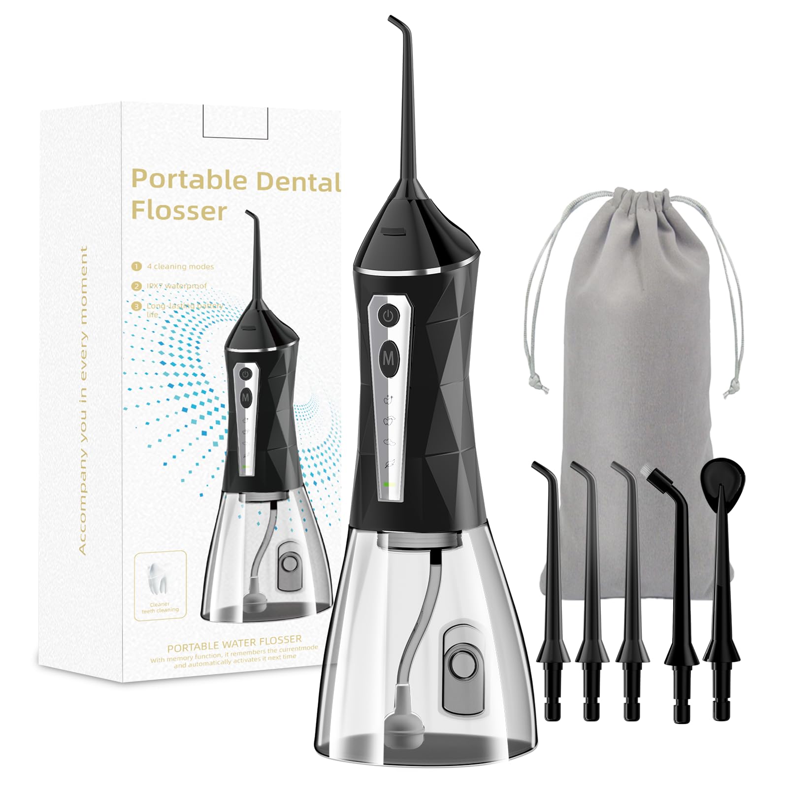 Front view of Water Flosser in black with 4 modes and 320ml tank