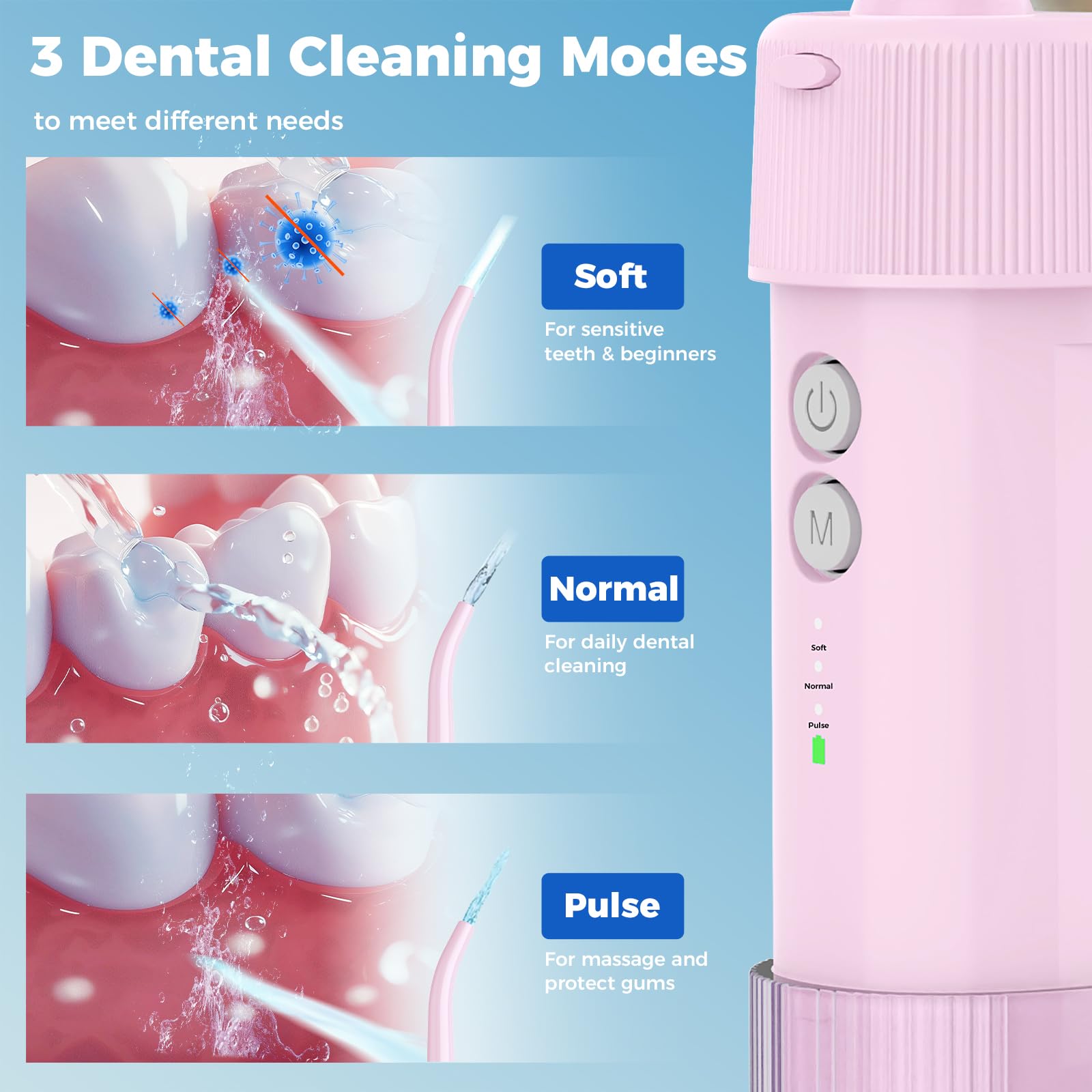 Water flosser with four interchangeable nozzles