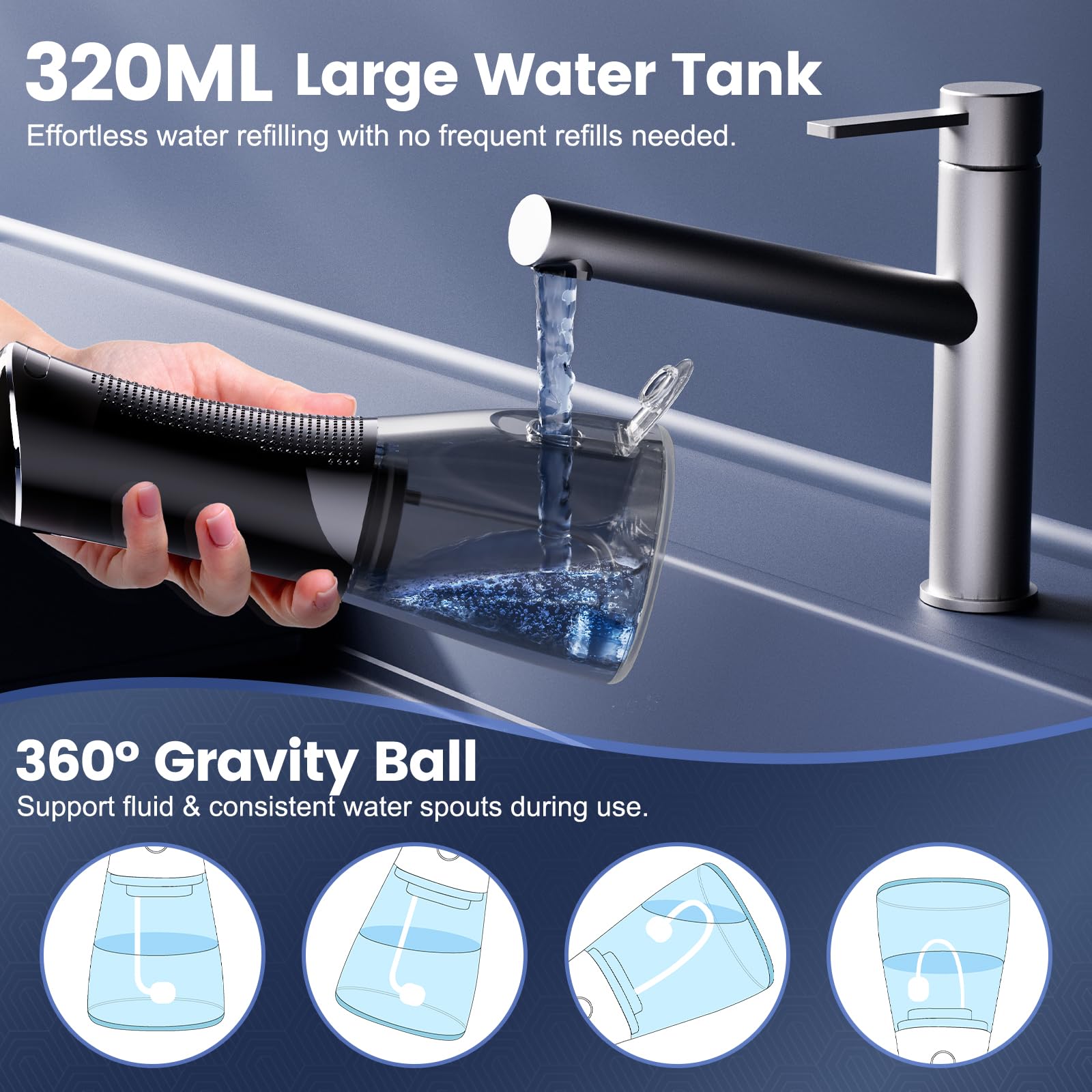 Six attachments including tongue scraper and precision nozzle