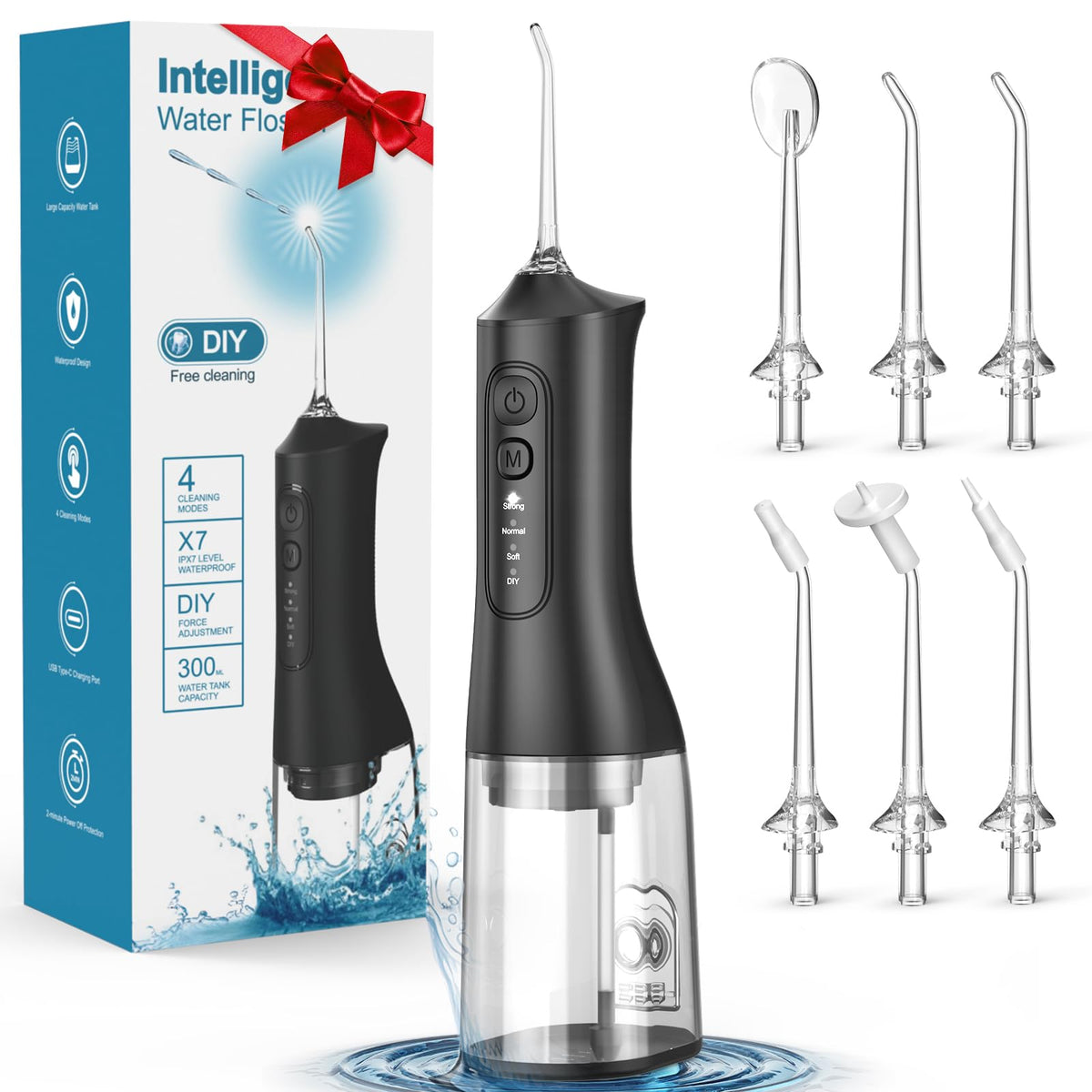 Water flosser black handheld with 300ml tank attached
