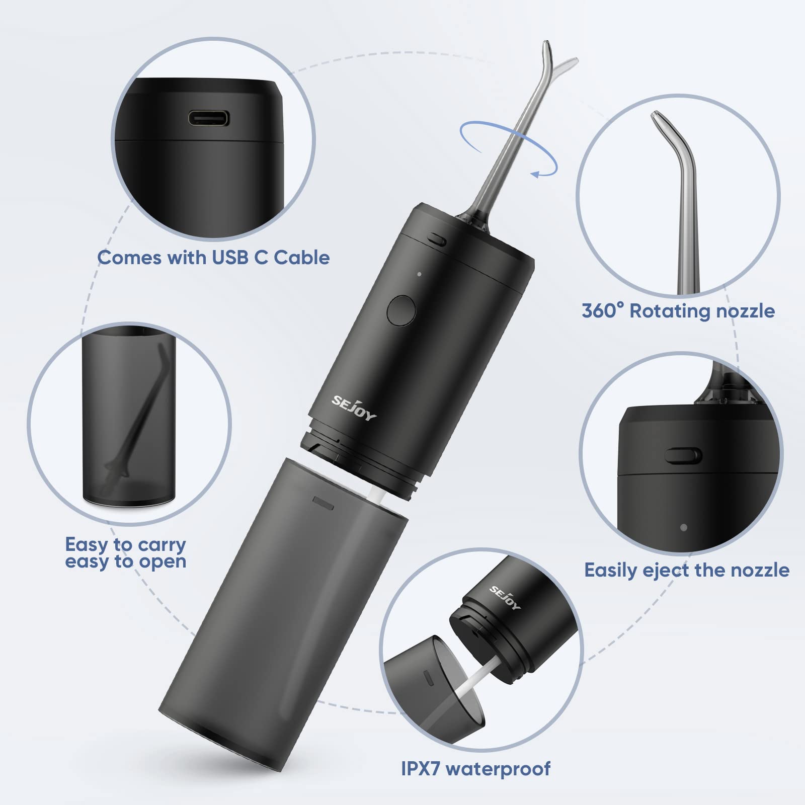 Water flosser side view with nozzle attached