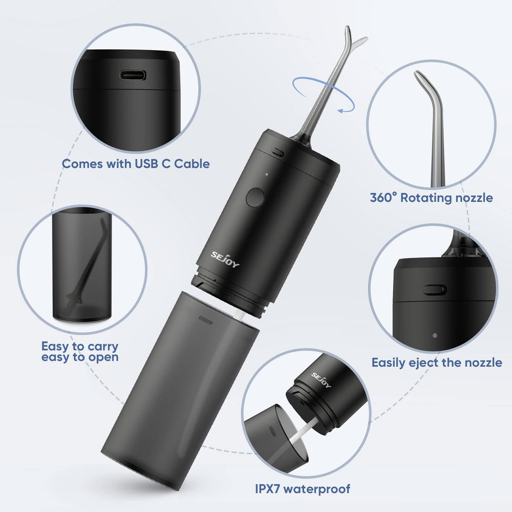 Water flosser side view with nozzle attached