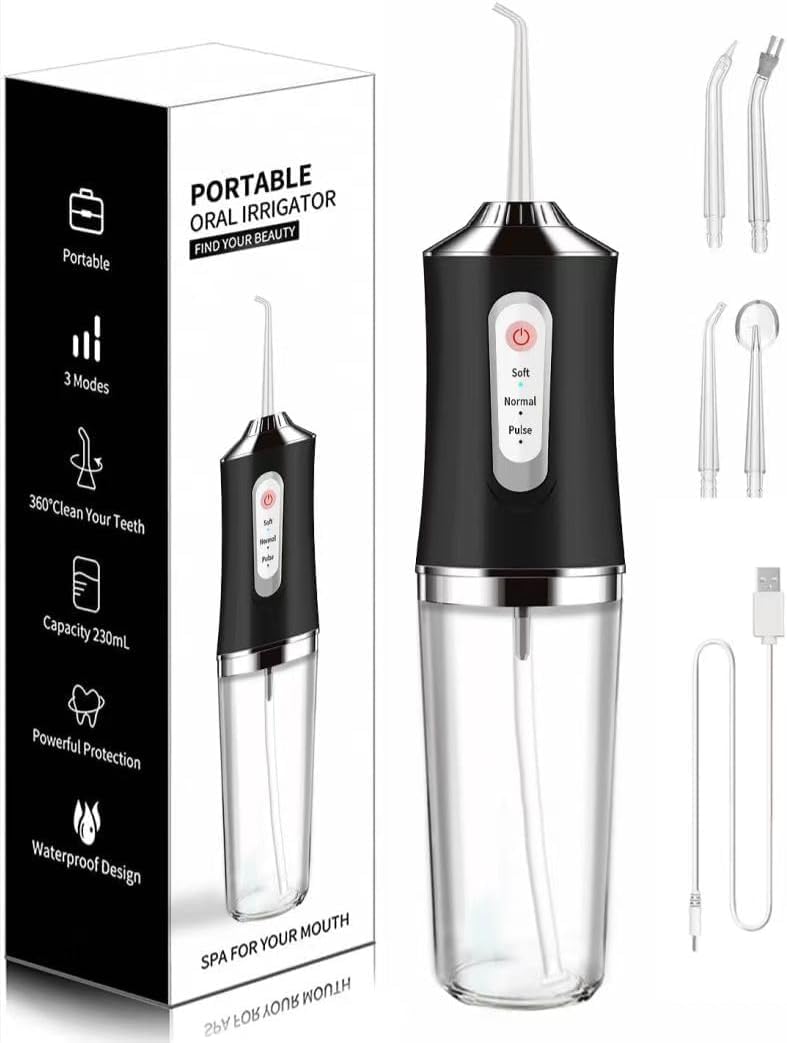 Water flosser cordless teeth cleaner in black, front view