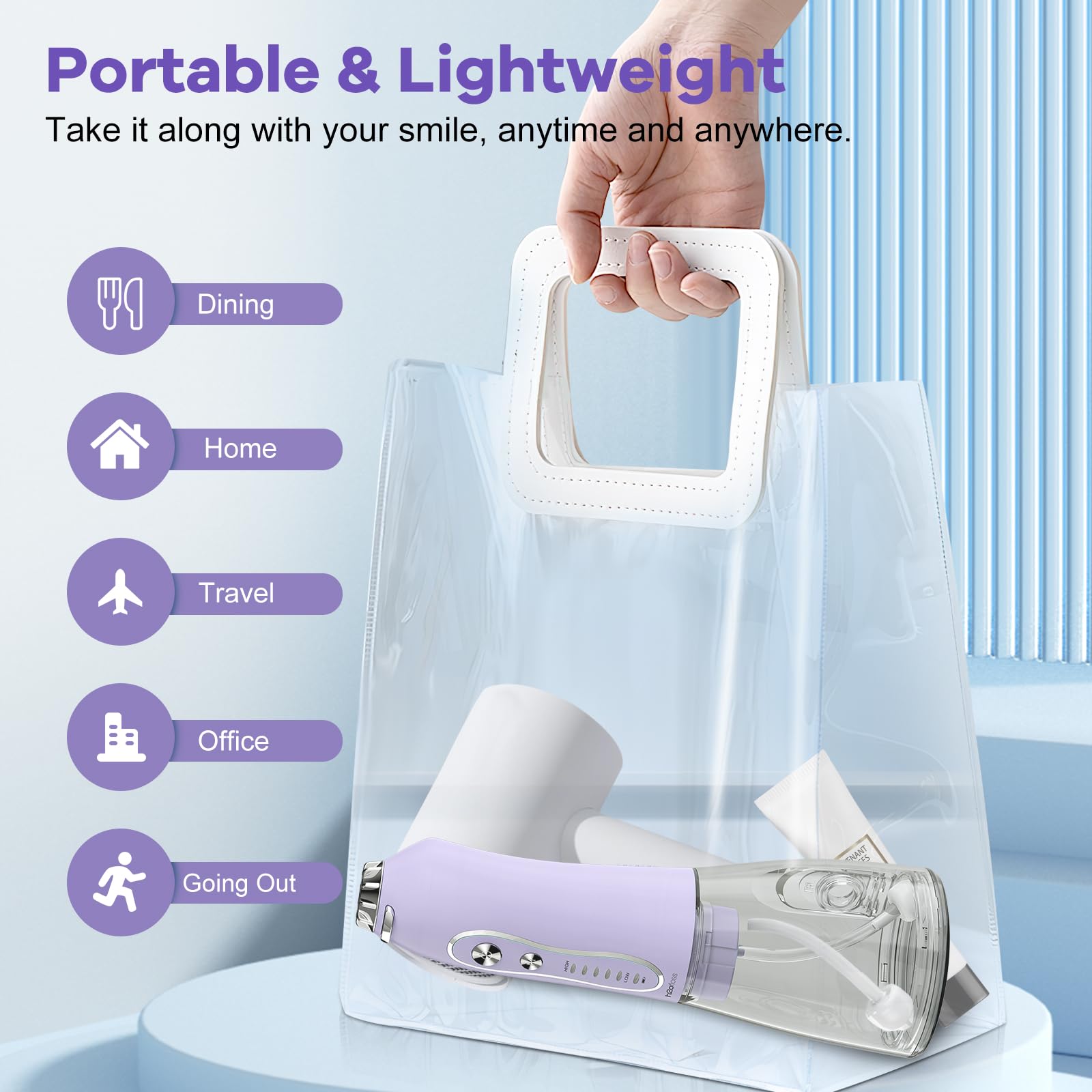 Compact, travel-friendly packaging and bathroom usage setup