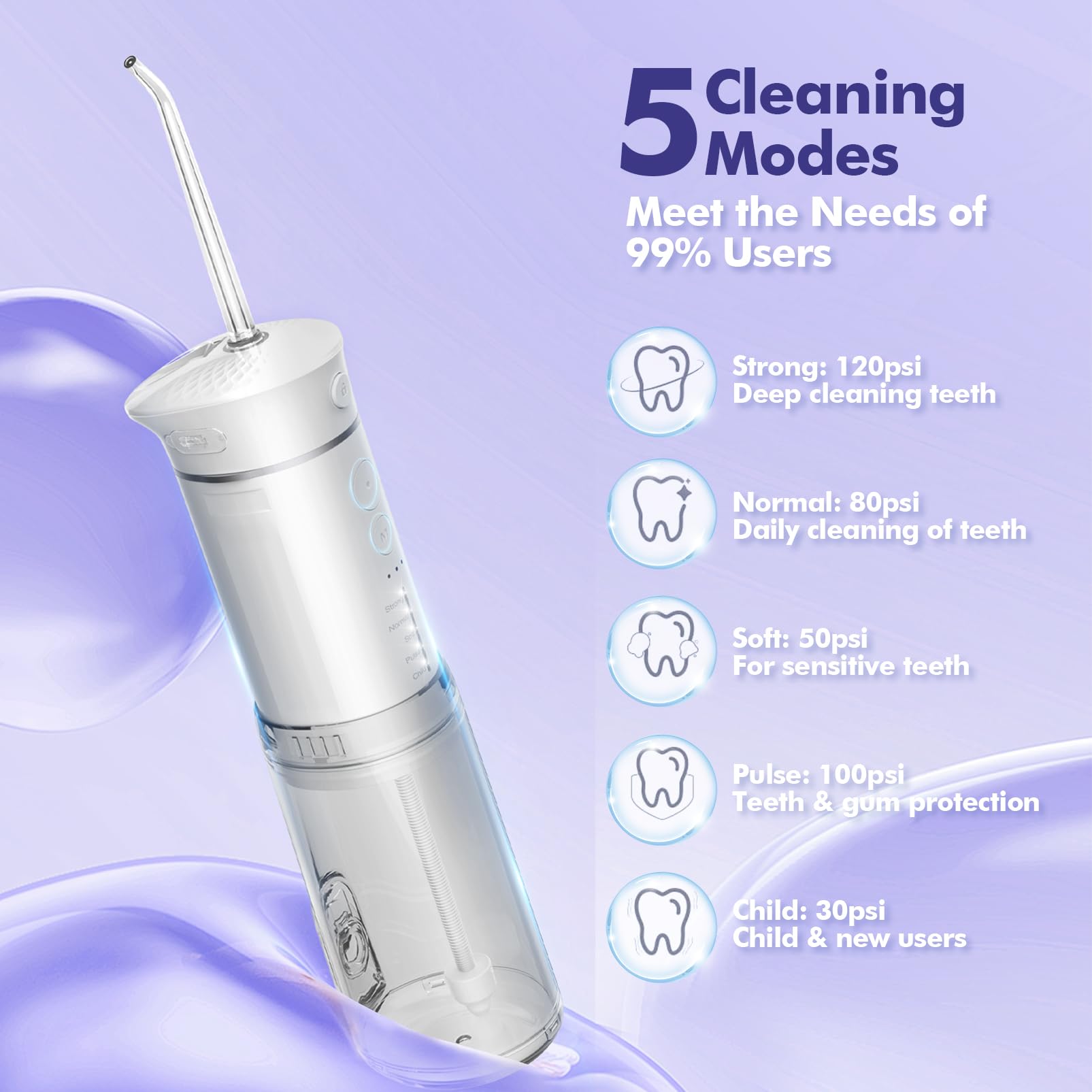 5 pressure modes for sensitive gums and braces including Soft and Strong modes