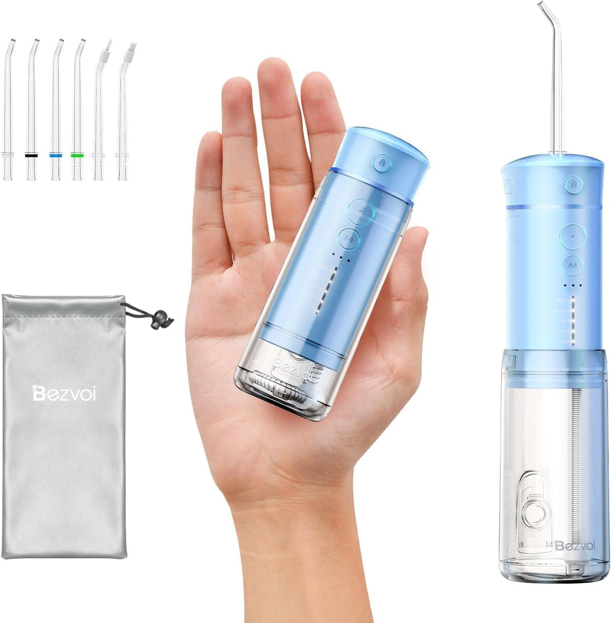 Bezvoi Water Flosser Mini Cordless Portable in Sky Blue with retractable 180ml tank
