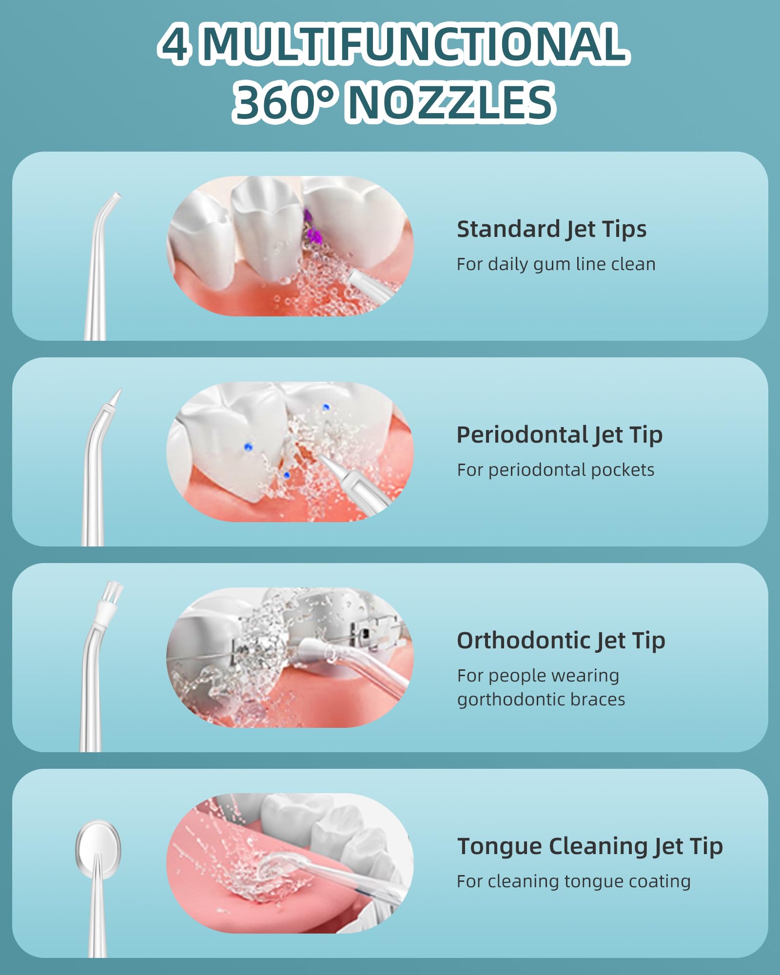 Four replaceable jet tips for OKALA water flosser in white