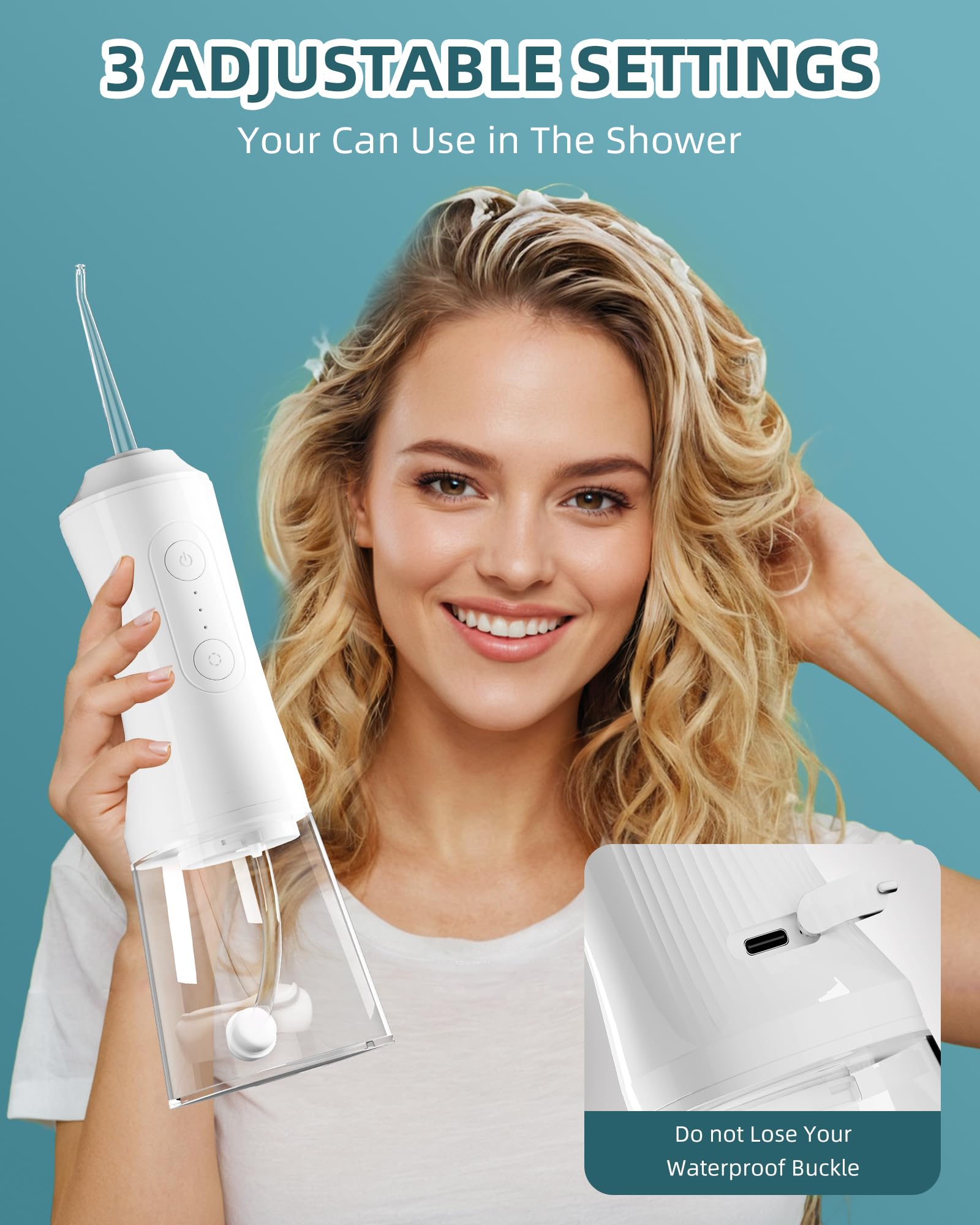 Three modes and 360° rotating nozzles on white flosser