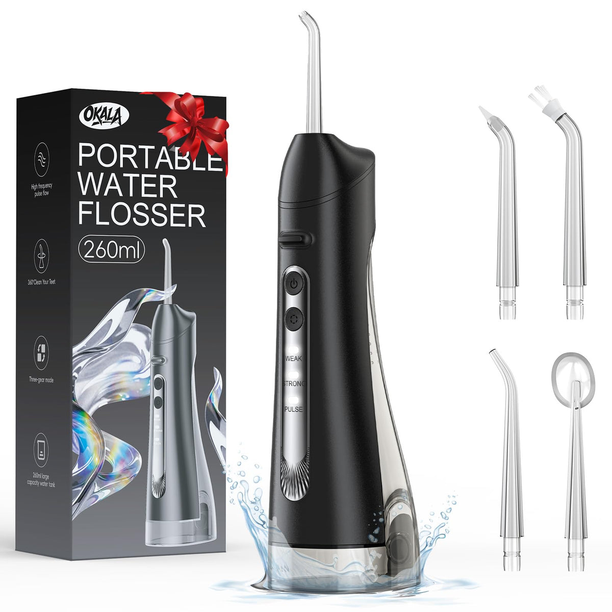 OKALA Water Flosser for Teeth in Black with 260ml tank and 3 modes