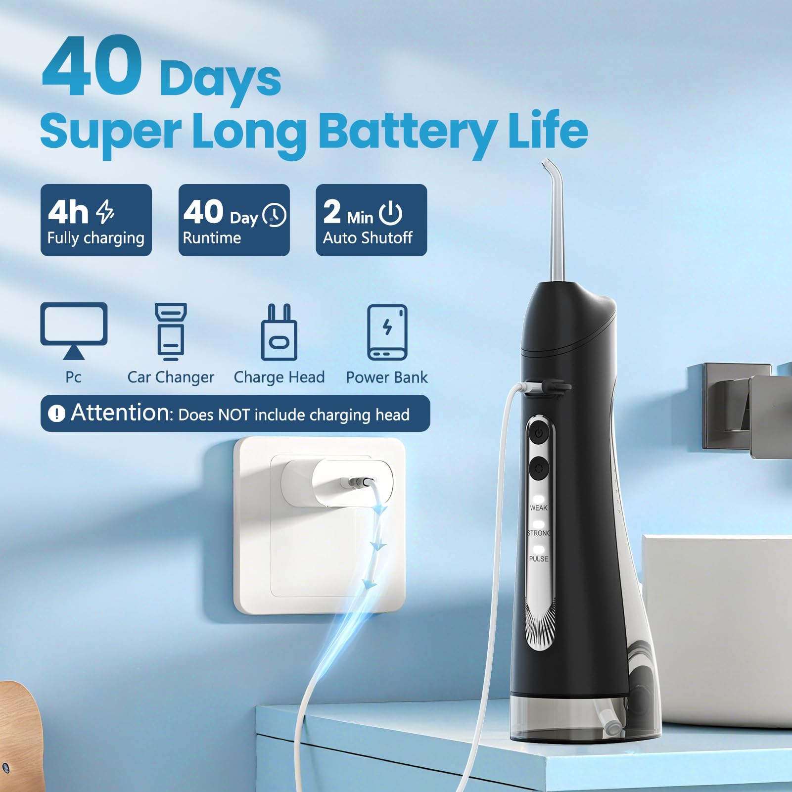 Portable travel kit: water flosser, nozzles, and charging cable