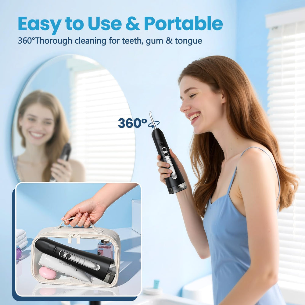 Compact cordless water flosser in black for home and travel use
