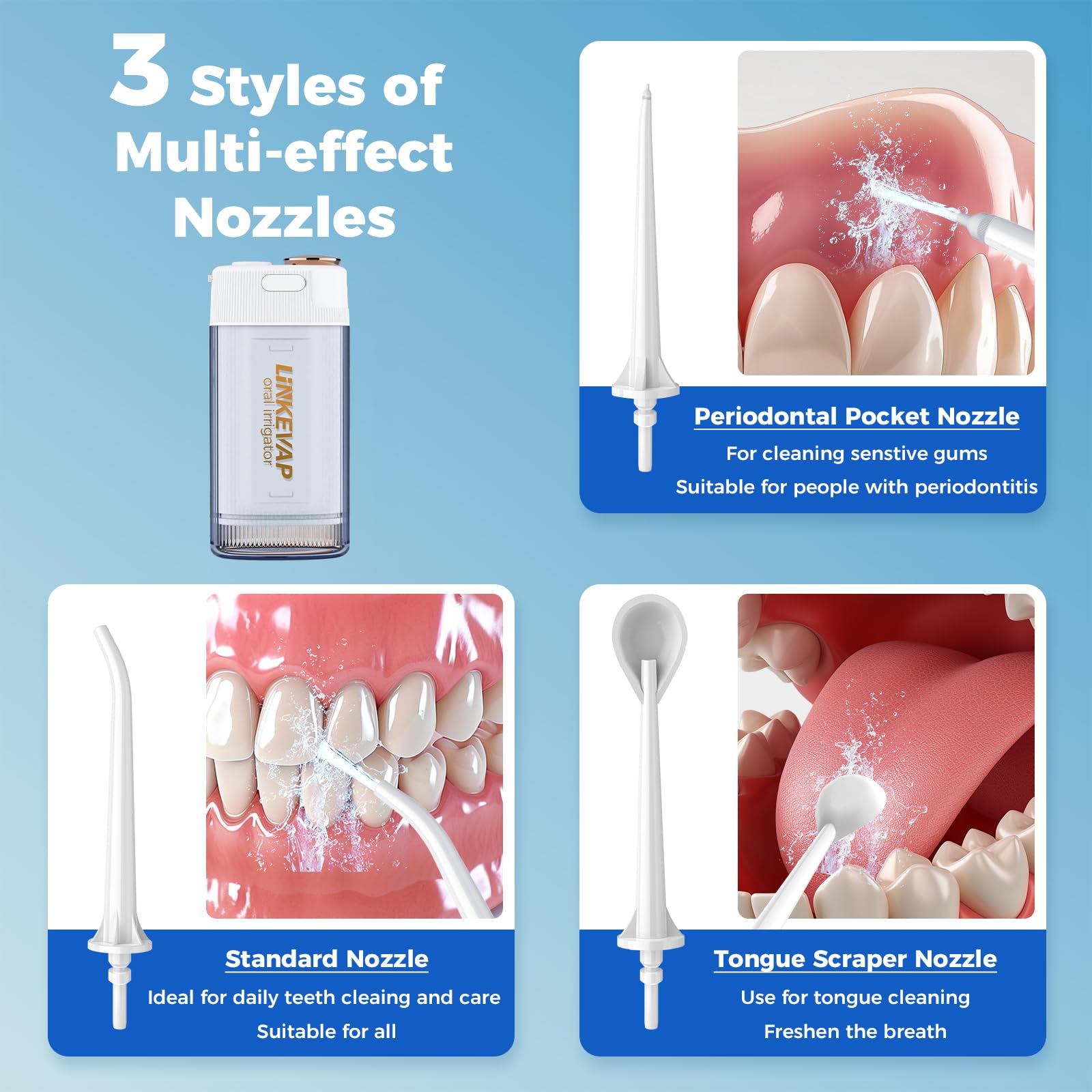 Four interchangeable nozzles for versatile cleaning
