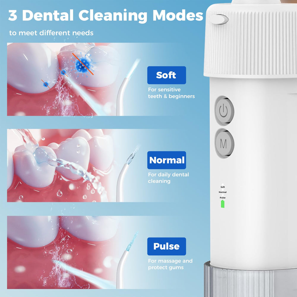 Close-up of cordless water flosser with travel pouch