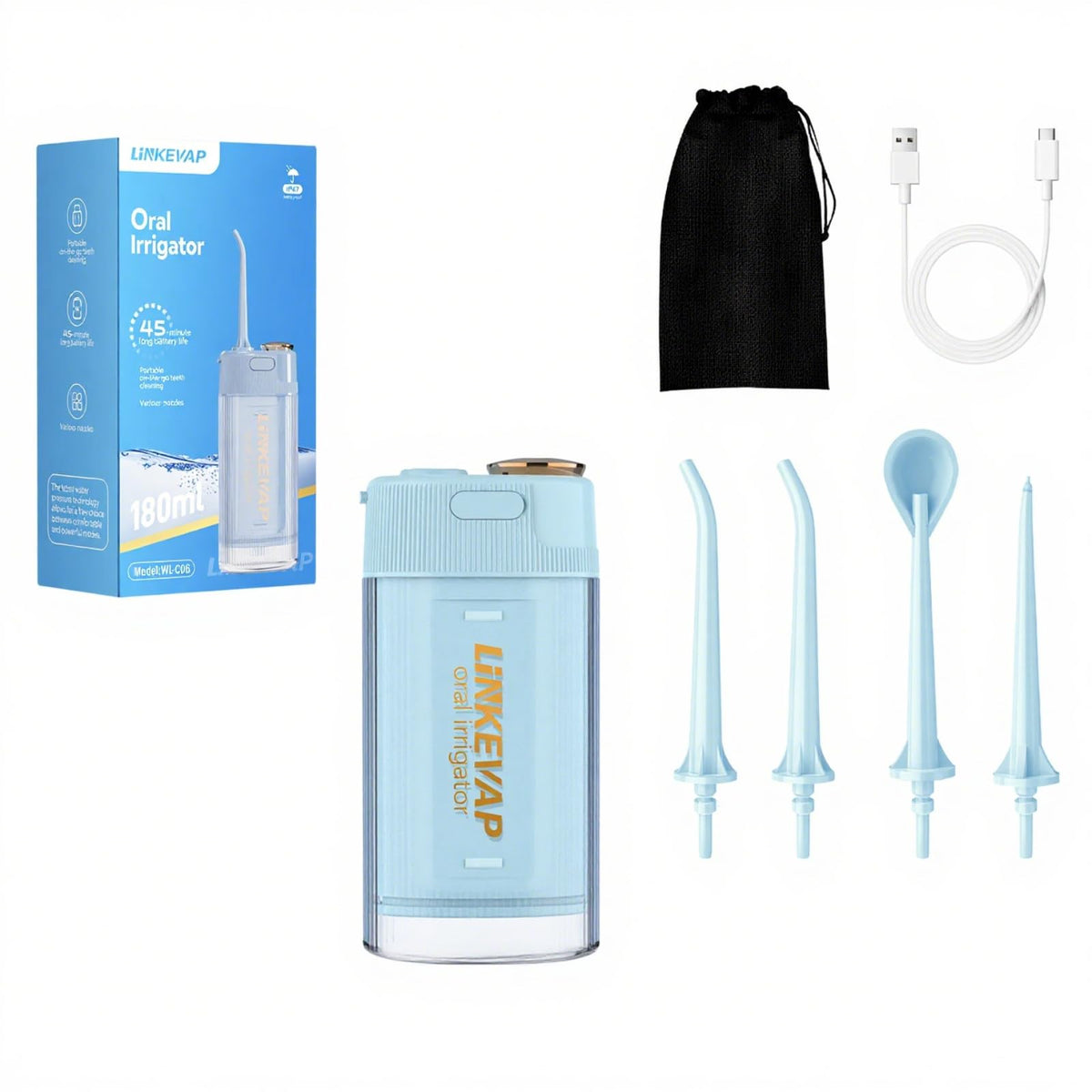 Light blue portable water flosser with 180ml retractable tank