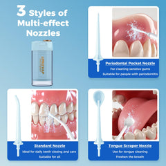 Close-up of water flosser with four interchangeable nozzles