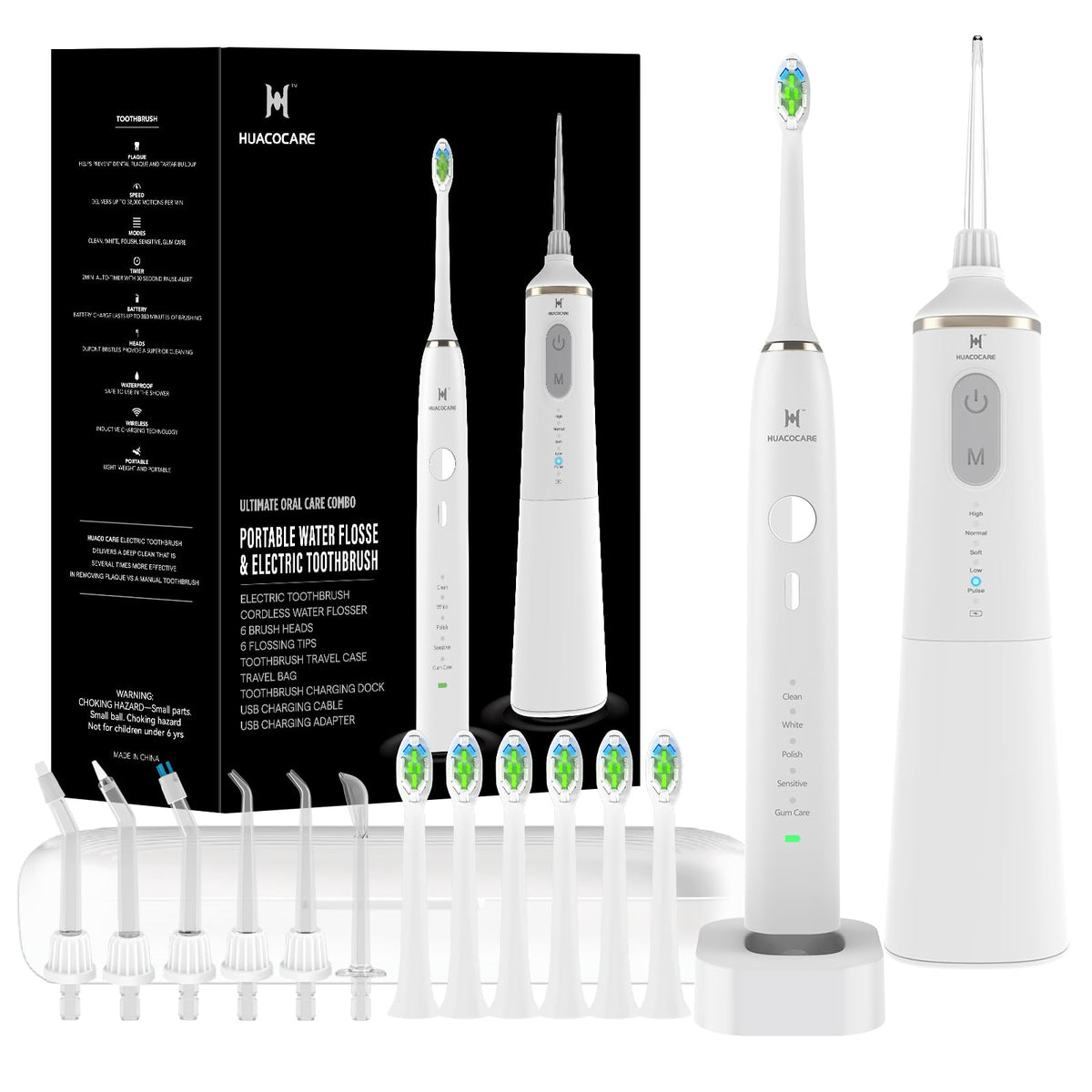 Upgraded water flosser and electric toothbrush combo in white with ergonomic handle