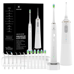 Upgraded water flosser and electric toothbrush combo in white with ergonomic handle