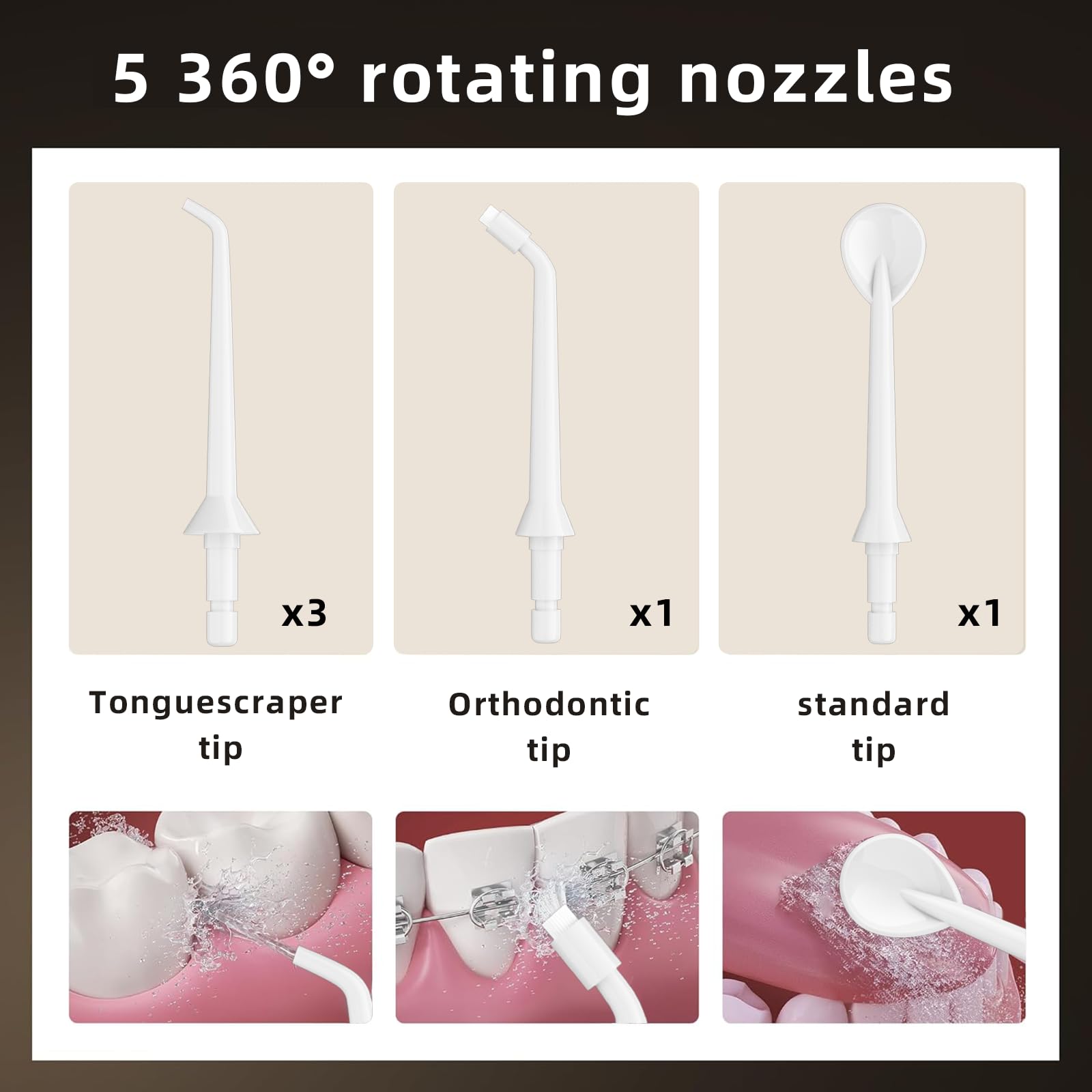 Removable tips and nozzles included with water flosser