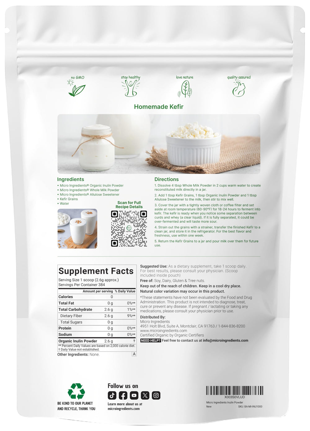 Water-soluble prebiotic fiber inulin
